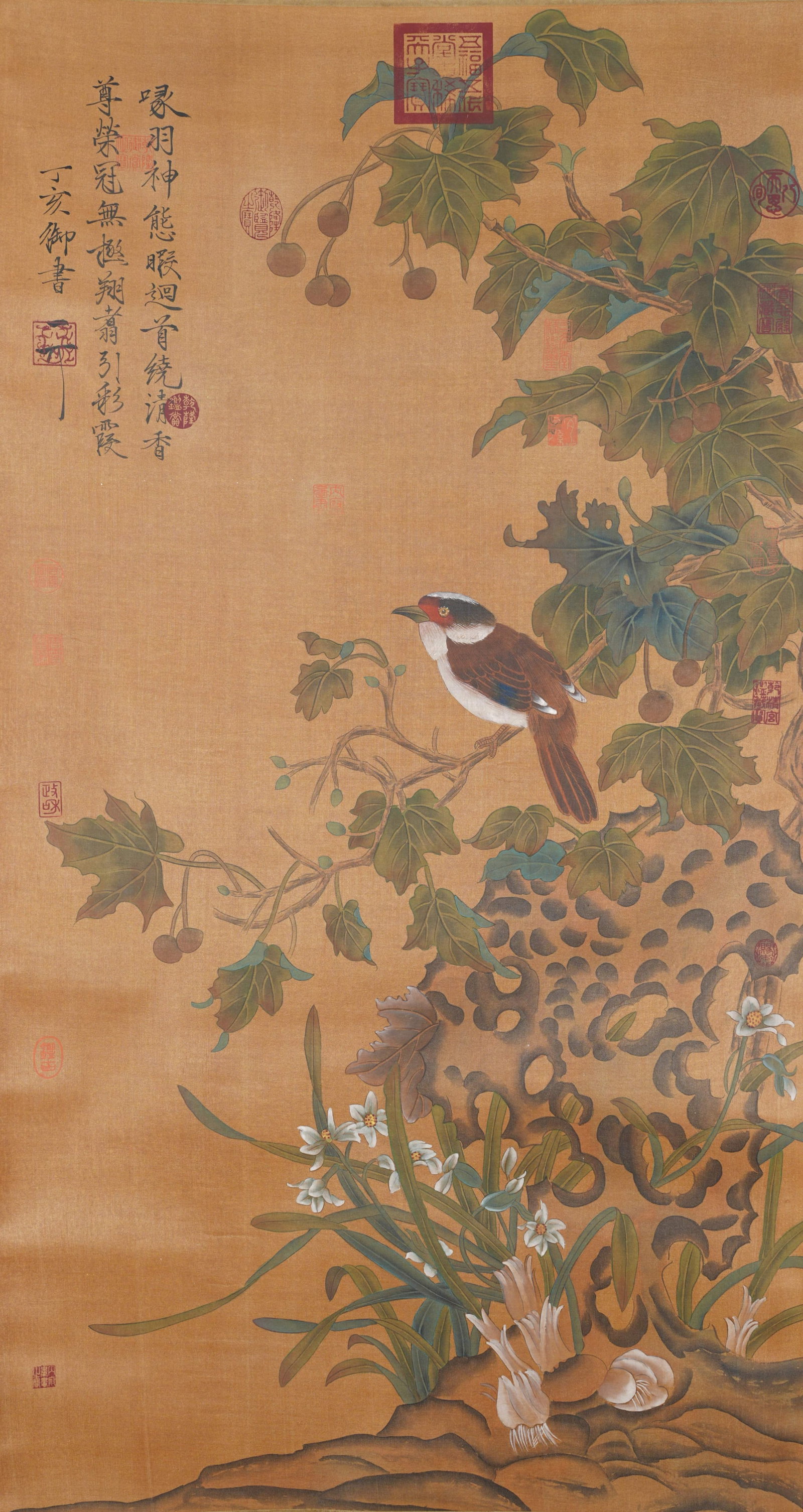 A FLOWER AND BIRD PAINTING ON SILK BY EMPEROR HUIZONG OF SONG.宋徽宗: Flower and Bird Painting on Silk by Emperor Huizong of Song.宋徽宗
