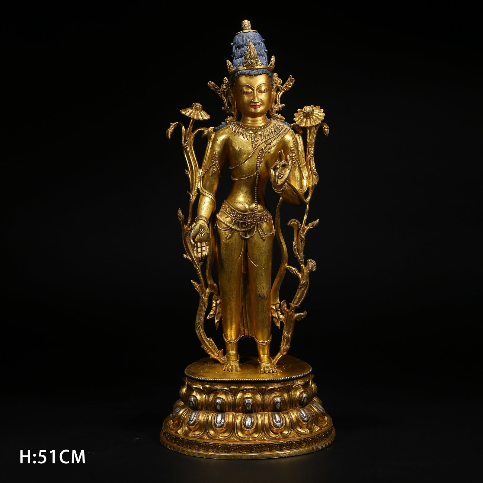 A GILT BRONZE STANDING AVALOKITESHVARA STATUE INLAID WITH SILVER: Gilt Bronze Standing Avalokiteshvara Statue Inlaid with Silver