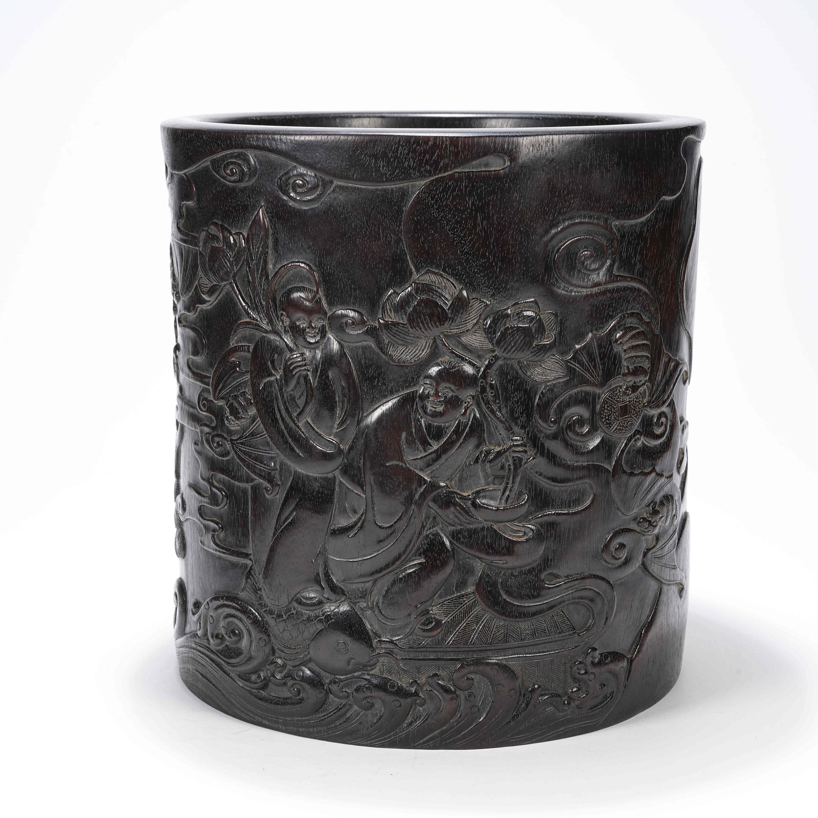 A ZITAN WOOD BRUSH POT WITH HARMONIOUS IMMORTALS PATTERN: Zitan Wood Brush Pot with Harmonious Immortals Pattern