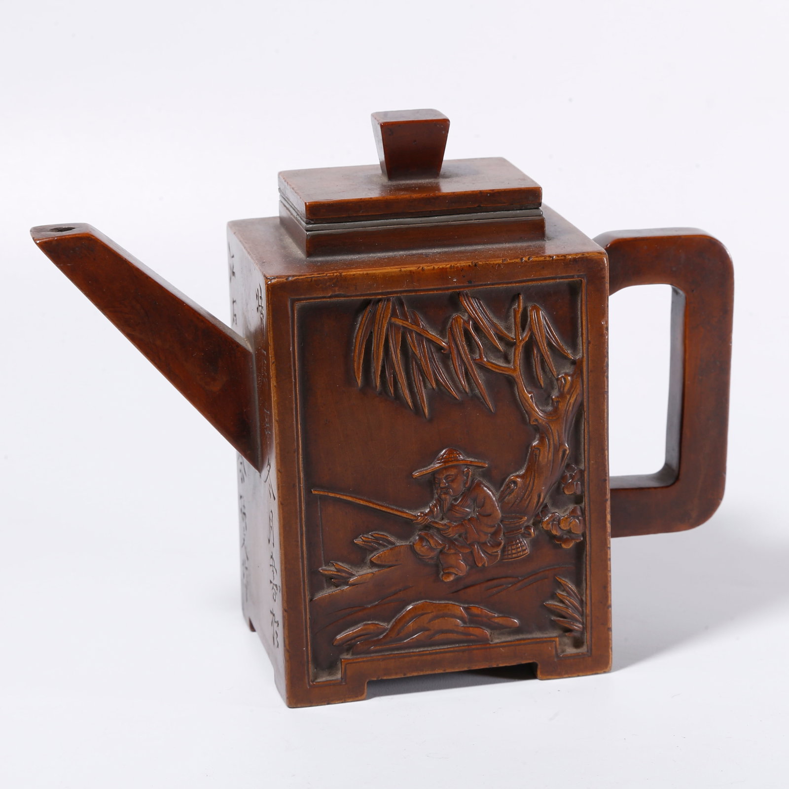 A BOXWOOD CARVED EWER WITH FIGURE STORY PATTERN: Boxwood Carved Ewer with Figure Story Pattern