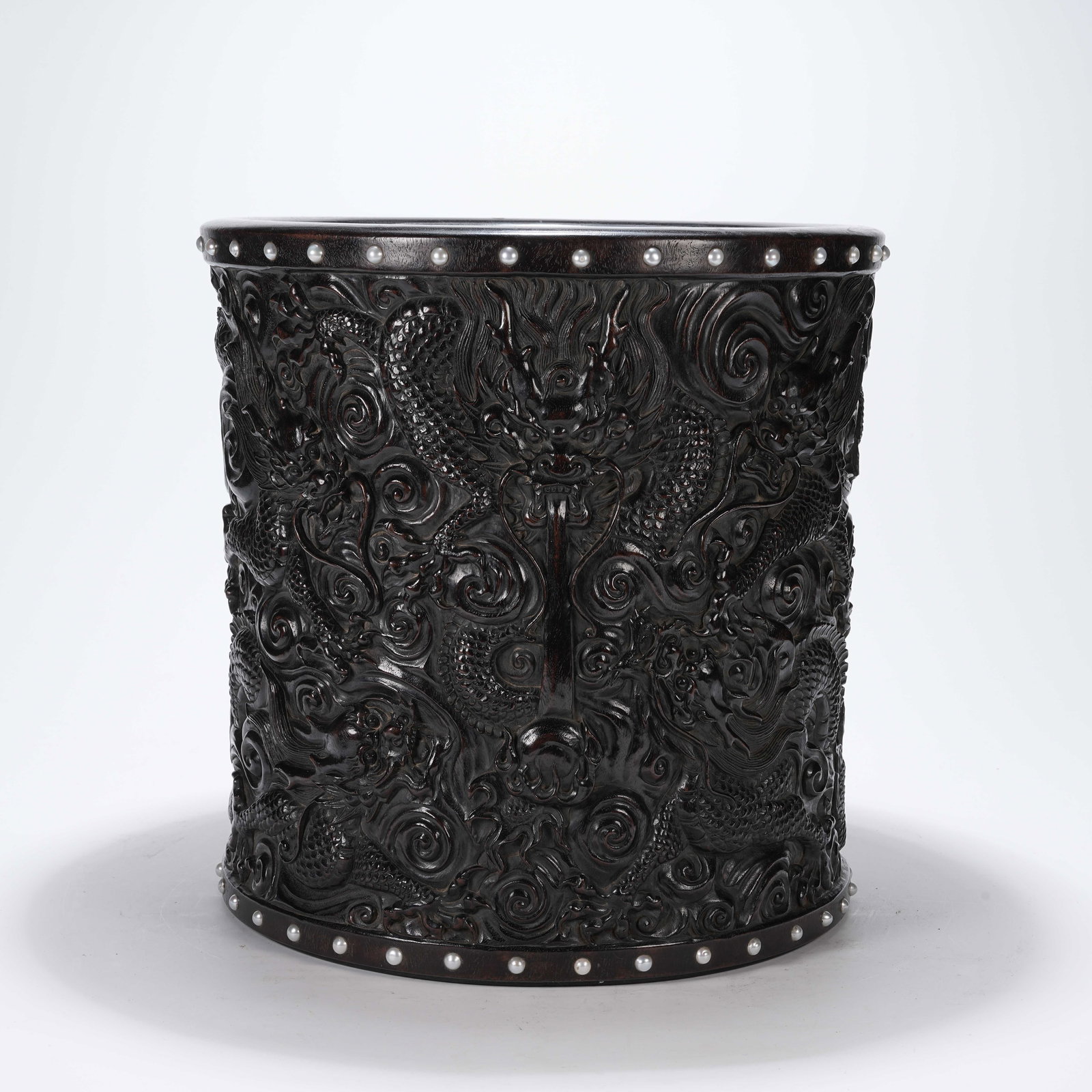 A ZITAN WOOD BRUSH POT WITH CLOUD DRAGON PATTERN INLAID WITH PEARLS: Zitan Wood Brush Pot with Cloud Dragon Pattern Inlaid with Pearls