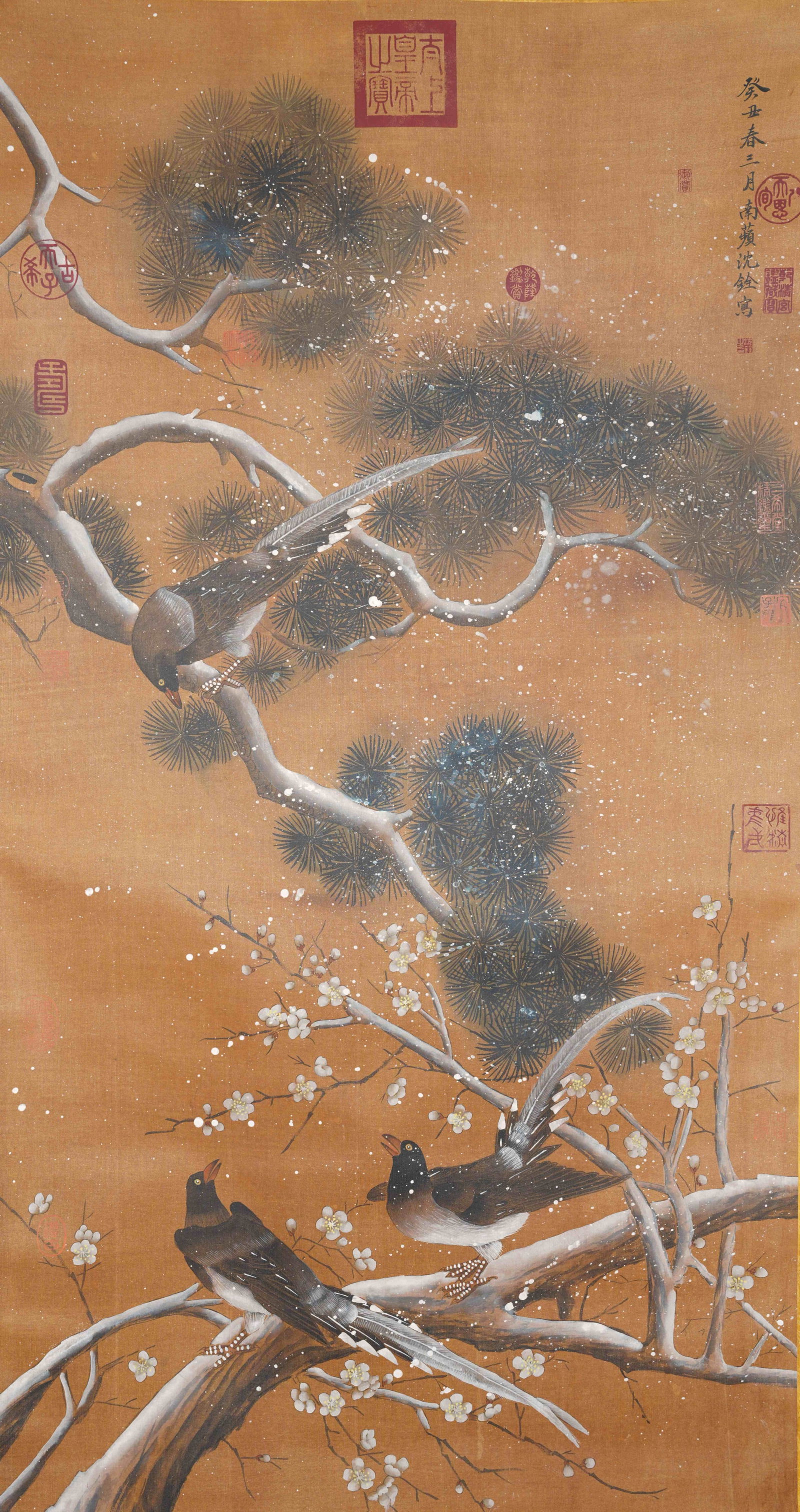A FLOWER AND BIRD PAINTING ON SILK BY SHEN QUAN.沈銓: Flower and Bird Painting on Silk by Shen Quan.沈銓