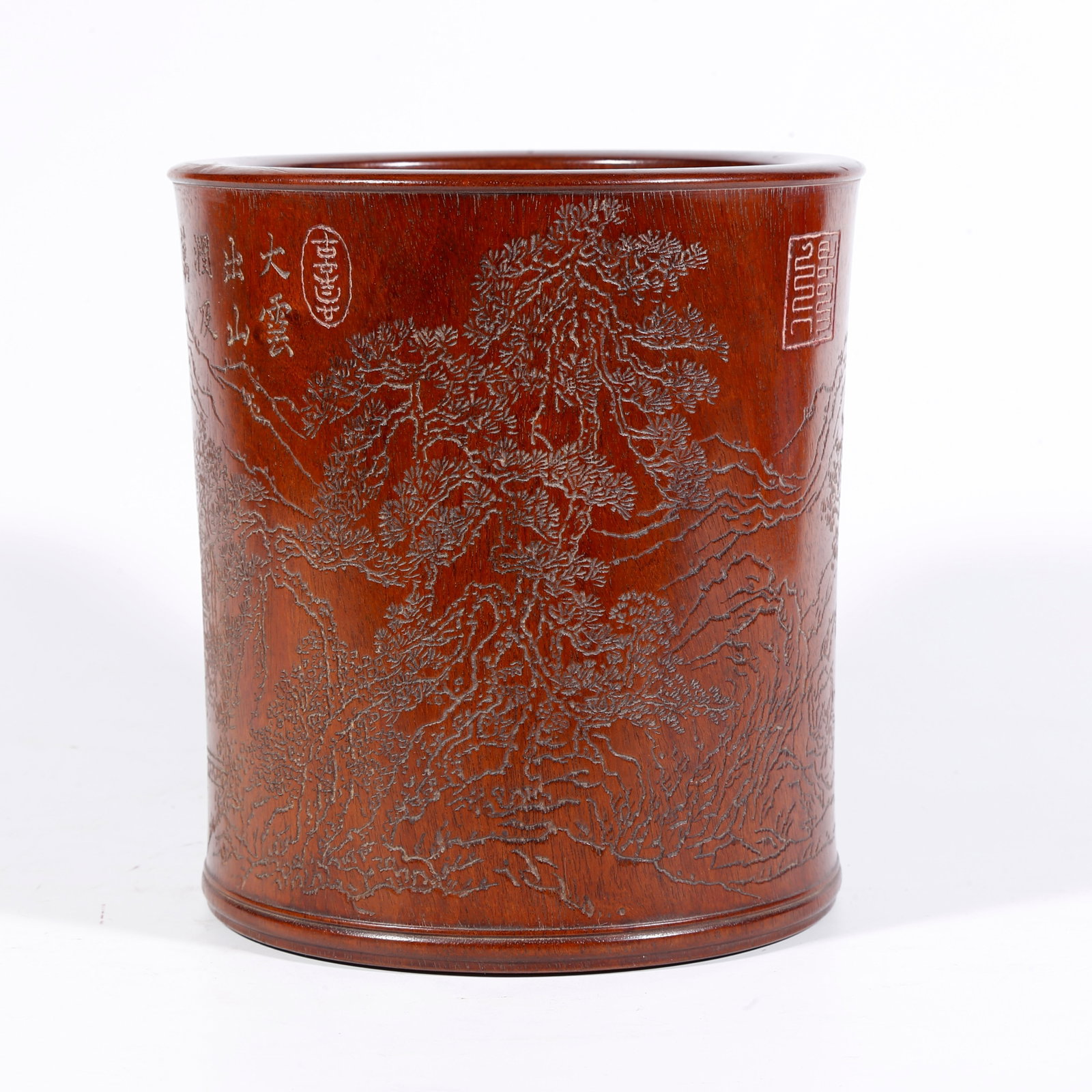 A HUANGHUALI WOOD BRUSH POT CARVED WITH LANDSCAPE MOTIF (1 of 10)