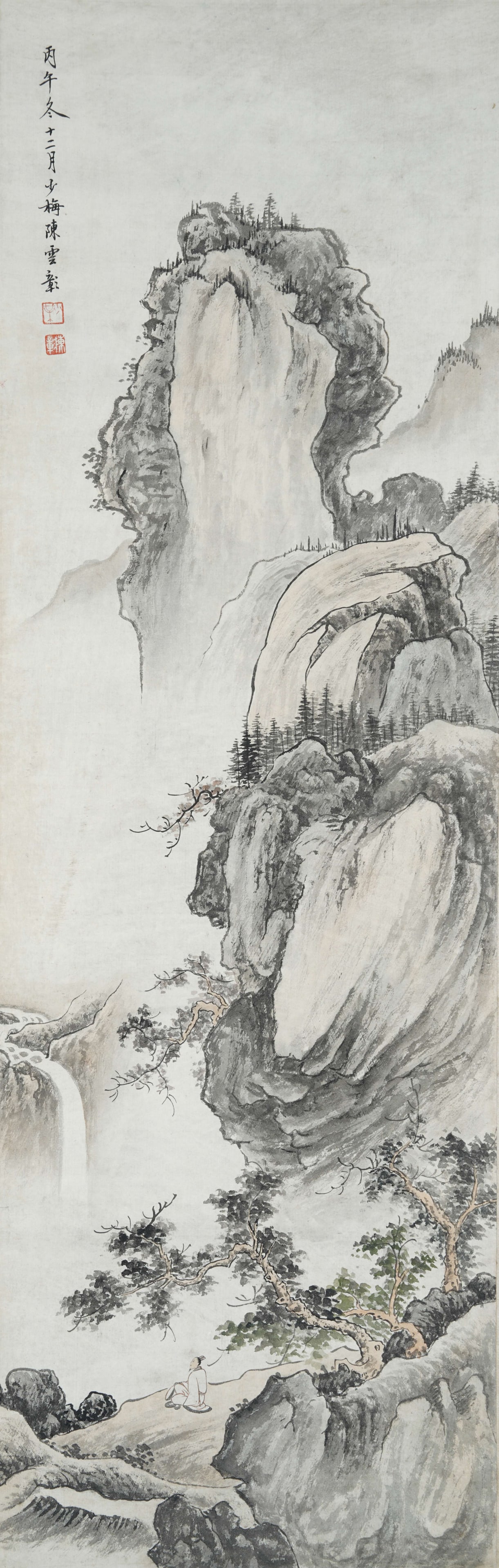 A LANDSCAPE PAINTING ON PAPER BY CHEN SHAOMEI.陳少梅: Landscape painting on paper by Chen Shaomei.陳少梅