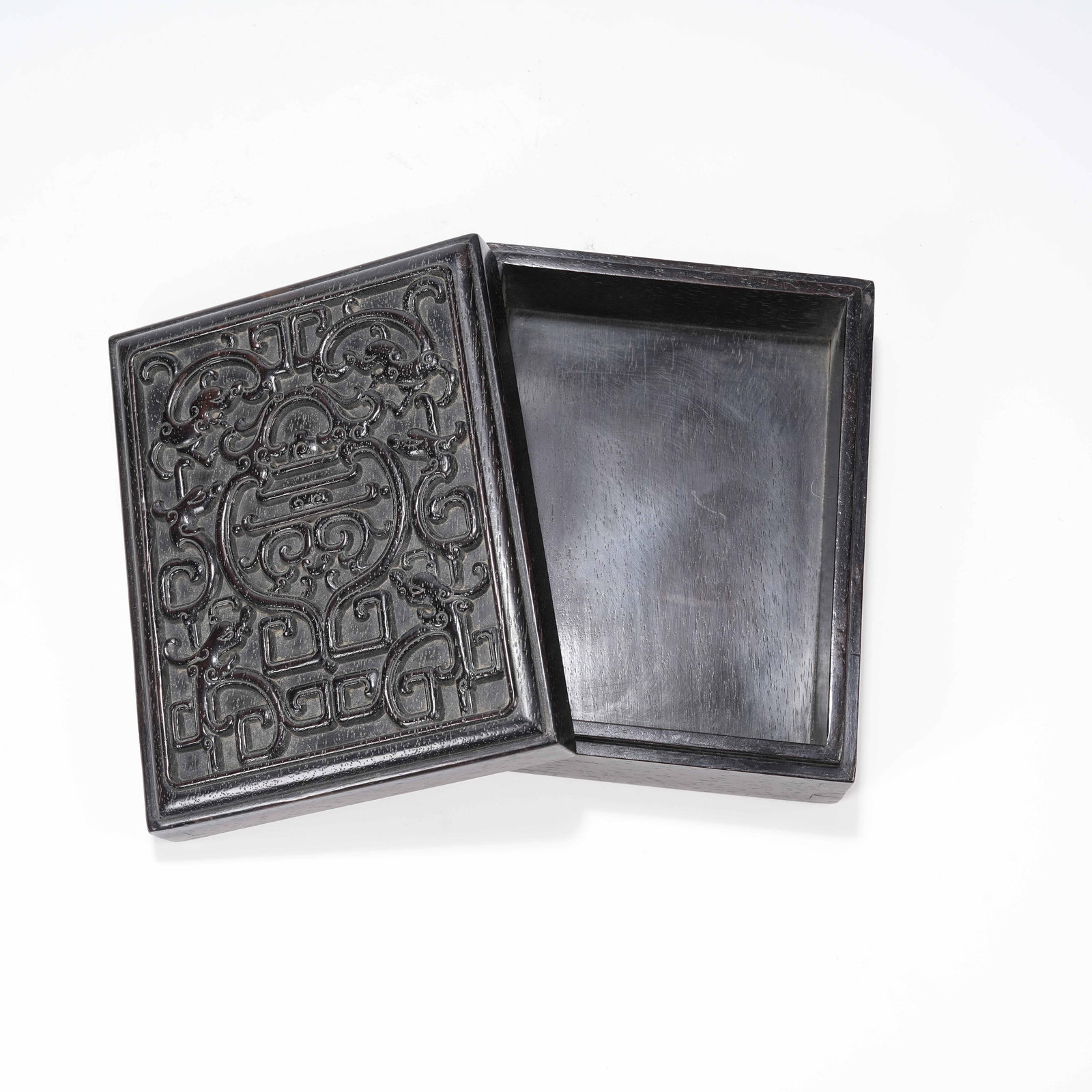 A SQUARE COVERED BOX OF ZITAN WOOD WITH DRAGON AND PHOENIX PATTERN (1 of 9)