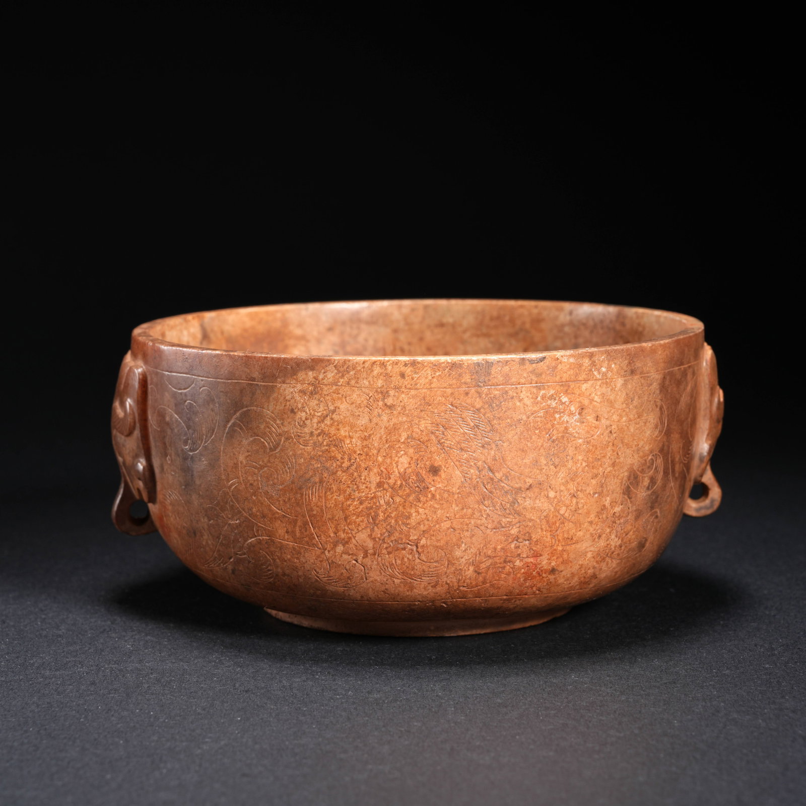 A HETIAN JADE BOWL WITH DOUBLE-BEAST HANDLES: Hetian Jade Bowl with Double-Beast Handles