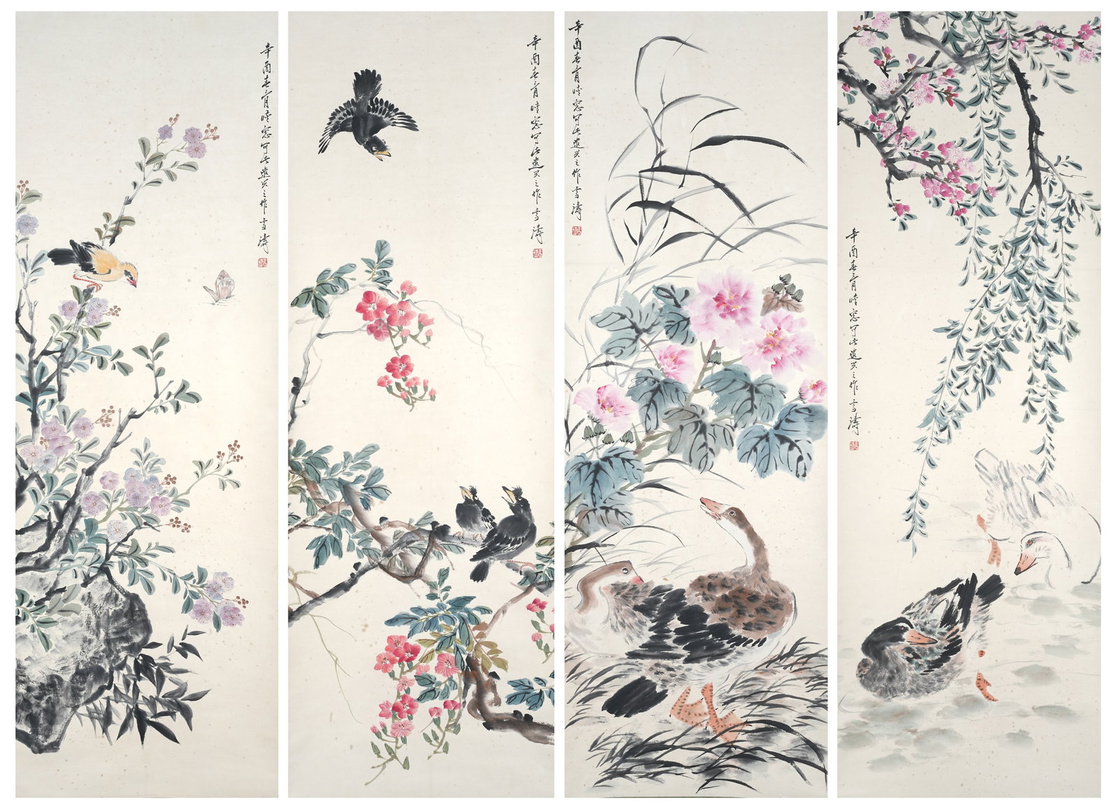 A FLOWER AND BIRD PAINTINGS ON PAPER BY WANG XUETAO (4 PIECES).王雪濤: Flower and Bird Paintings on Paper by Wang Xuetao (4 pieces).王雪濤