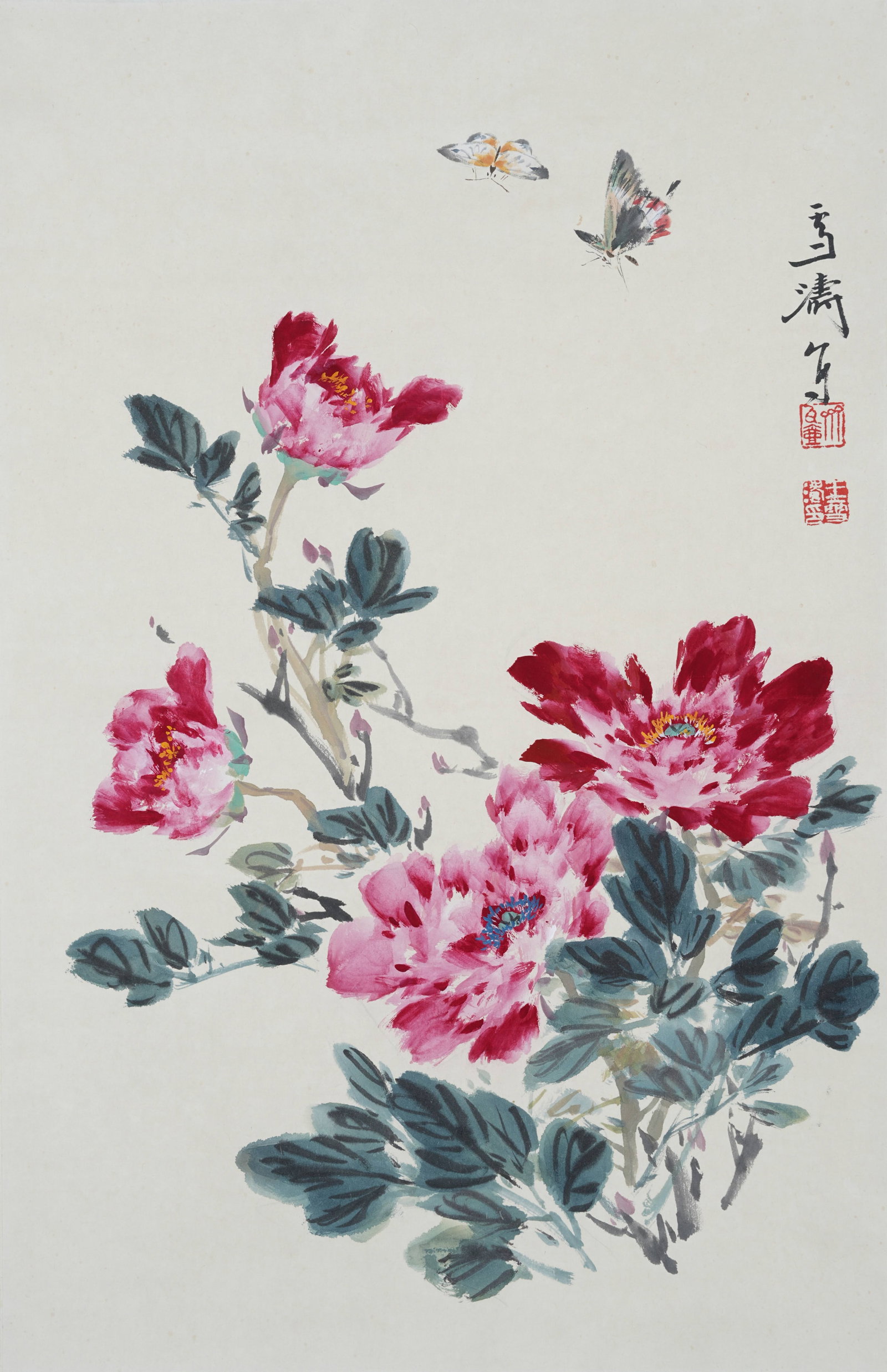 A FLOWER AND BUTTERFLY PAINTING ON PAPER BY XUETAO WANG.王雪濤: Flower and Butterfly Painting on Paper by Xuetao Wang.王雪濤