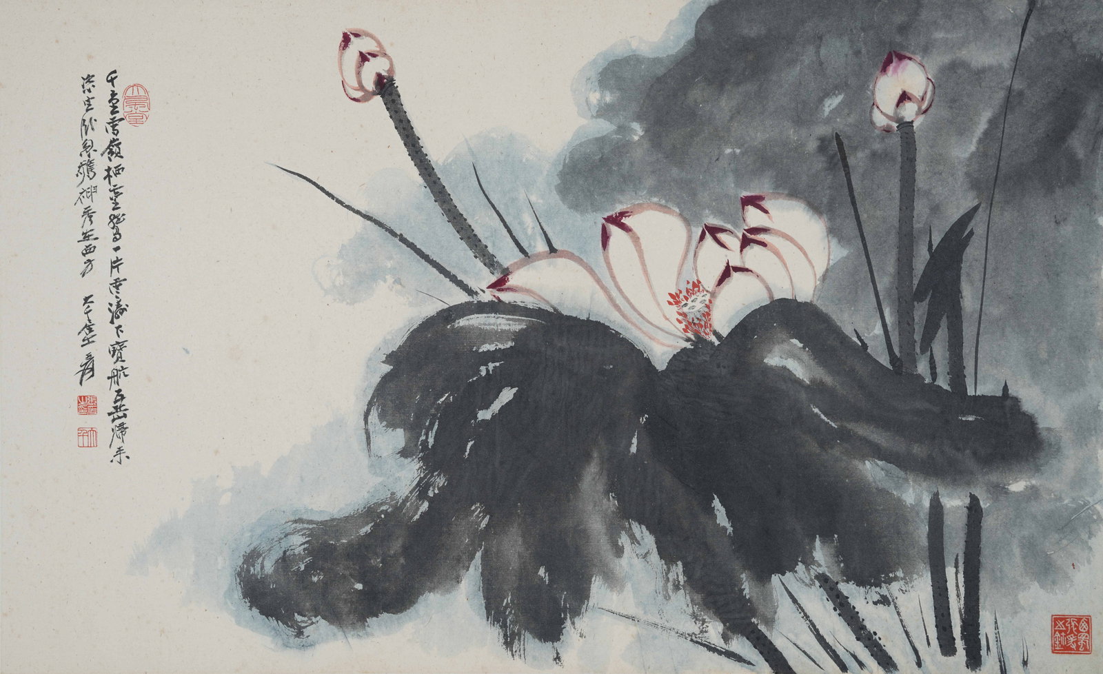 A LOTUS PAINTING MOUNTED AS MIRROR HEART ON PAPER BY ZHANG DAQIAN.張大千: Lotus Painting Mounted as Mirror Heart on Paper by Zhang Daqian.張大千