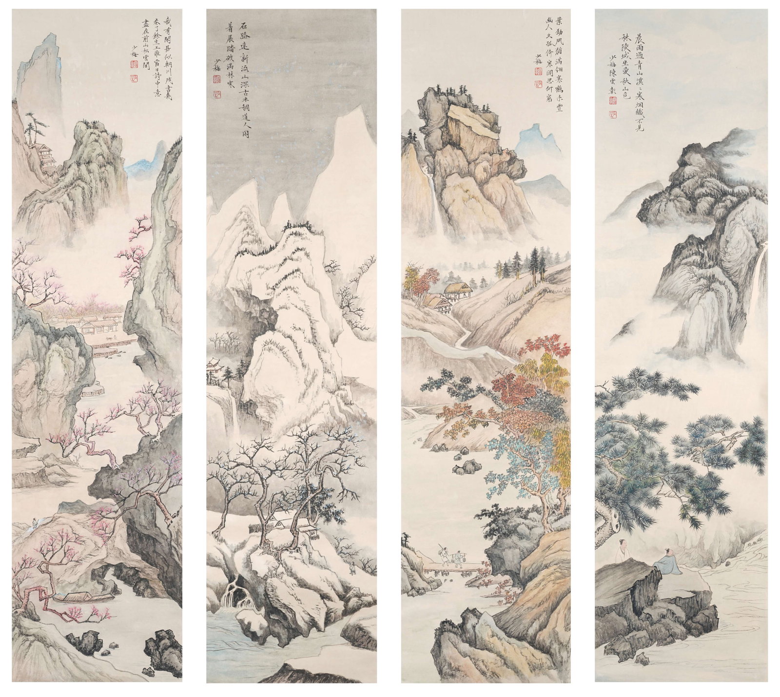 A LANDSCAPE PAINTINGS ON PAPER BY CHEN SHAOMEI (4 PIECES).陳少梅: Landscape Paintings on Paper by Chen Shaomei (4 pieces).陳少梅