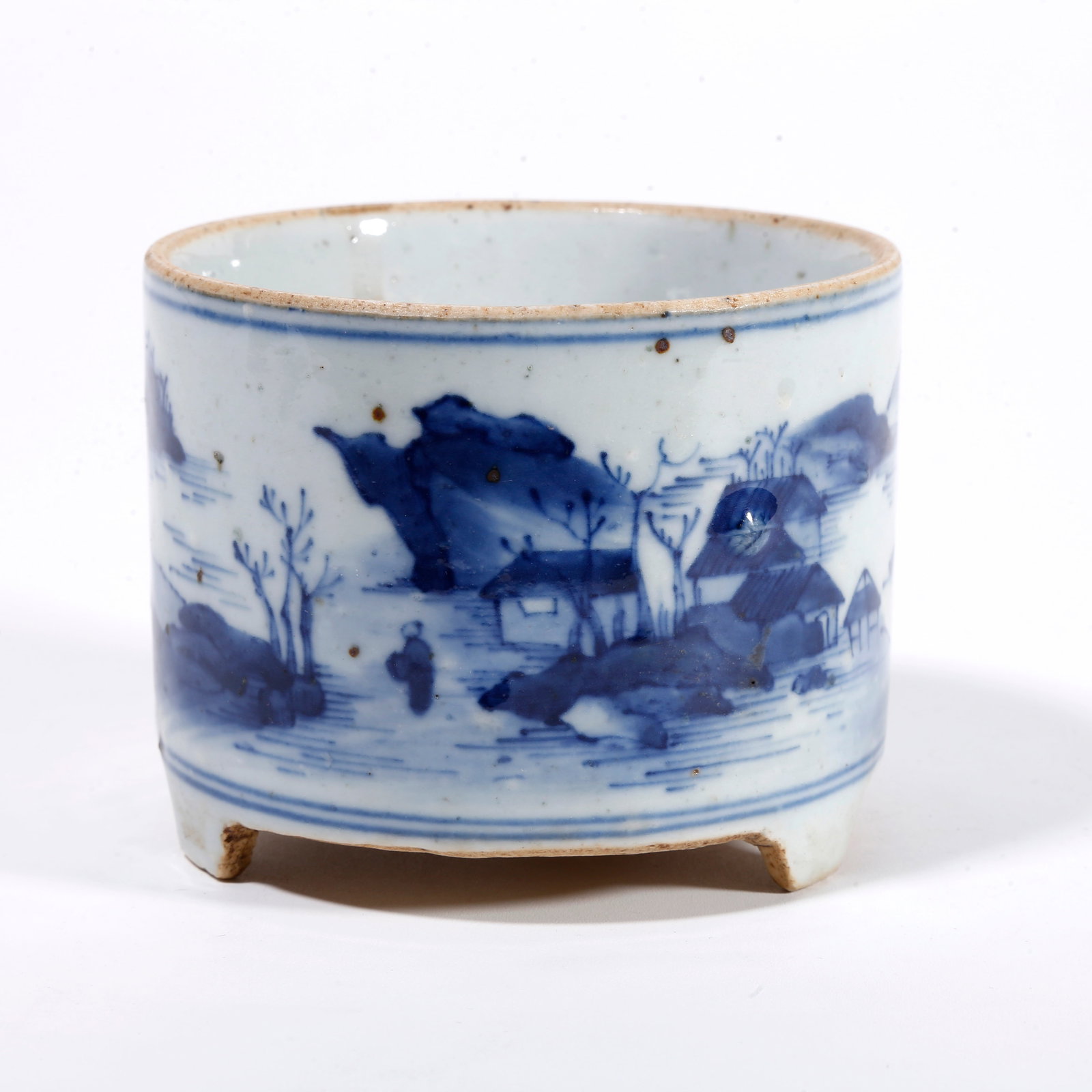 A BLUE AND WHITE CENSER WITH LANDSCAPE PATTERN: Blue and White Censer with Landscape Pattern