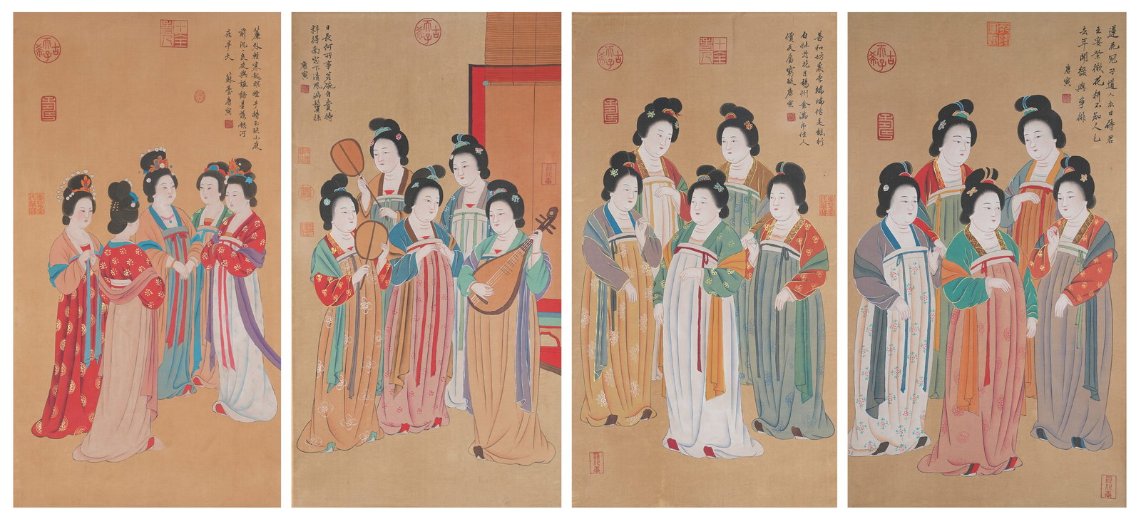 A BEAUTY PAINTINGS ON SILK BY TANG BOHU (4 PIECES).唐伯虎 (1 of 18)