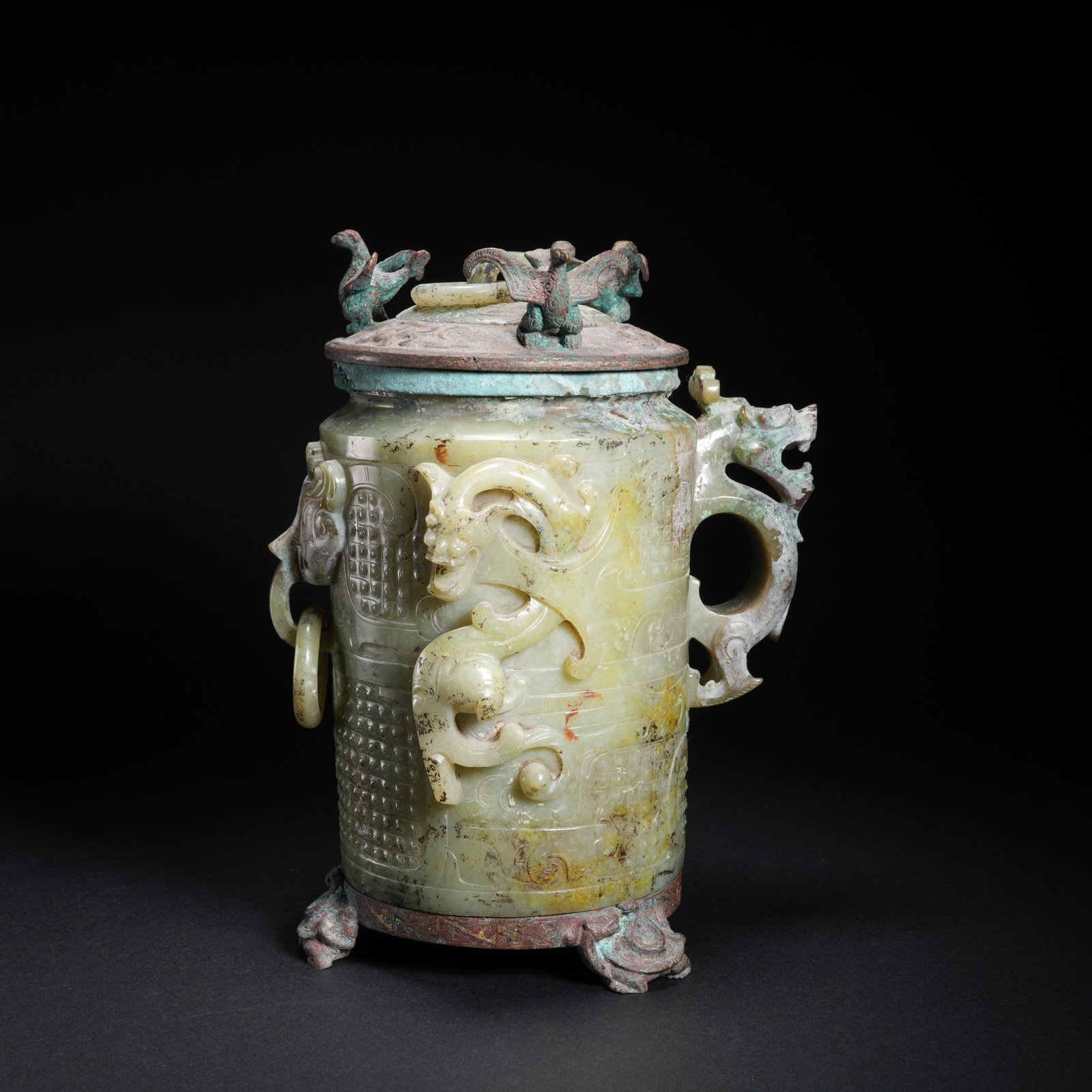A HETIAN JADE COVERED JAR WITH DRAGON-AND-PHOENIX DESIGN: Hetian Jade Covered Jar with Dragon-and-Phoenix Design