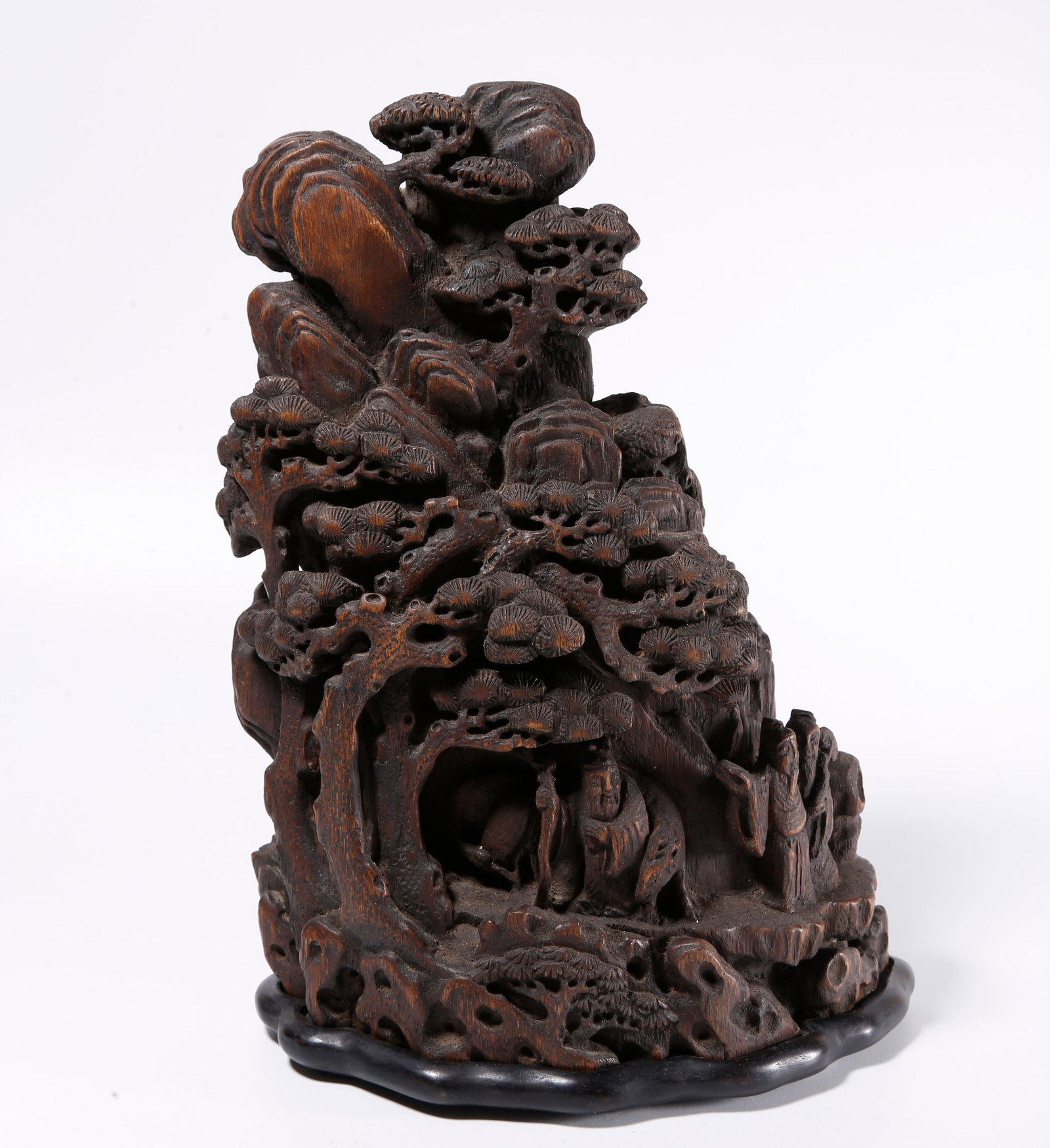 A AGARWOOD CARVED LANDSCAPE AND FIGURE ORNAMENT: Agarwood Carved Landscape and Figure Ornament