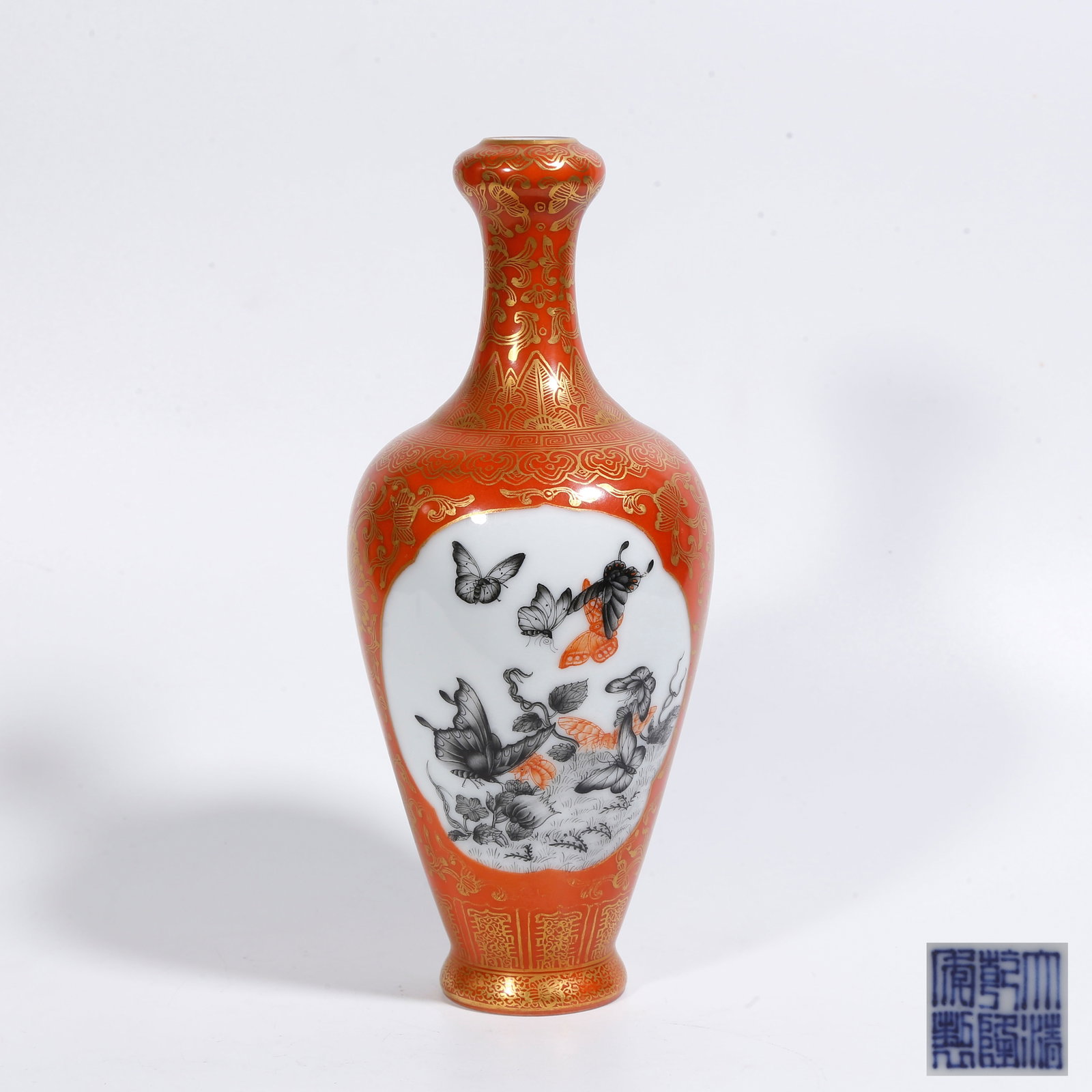 A RUBY-RED GROUND VASE WITH FLOWER-AND-BUTTERFLY CARTOUCHES (1 of 9)