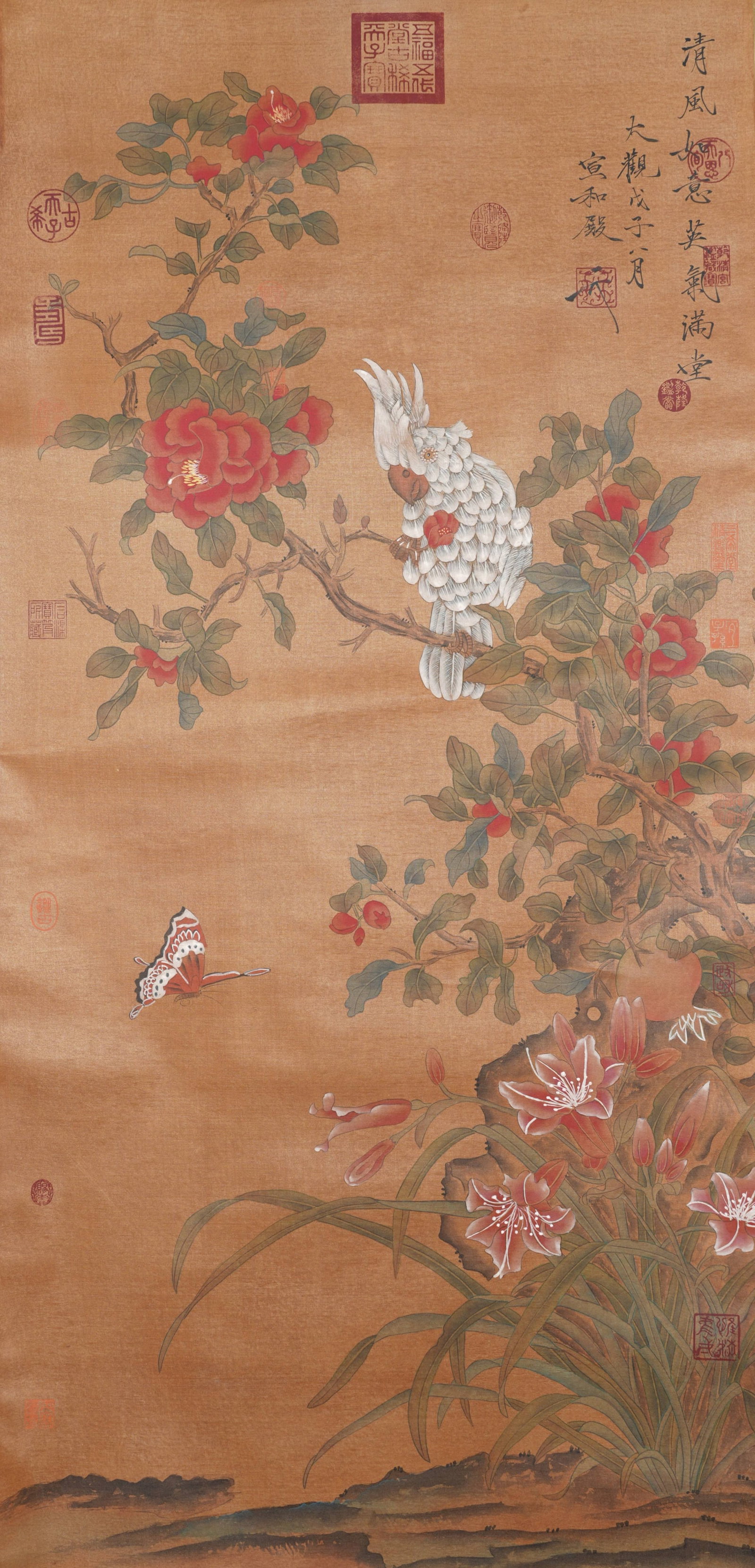 A FLOWER AND BIRD PAINTING ON SILK BY EMPEROR HUIZONG OF SONG.宋徽宗: Flower and Bird Painting on Silk by Emperor Huizong of Song.宋徽宗
