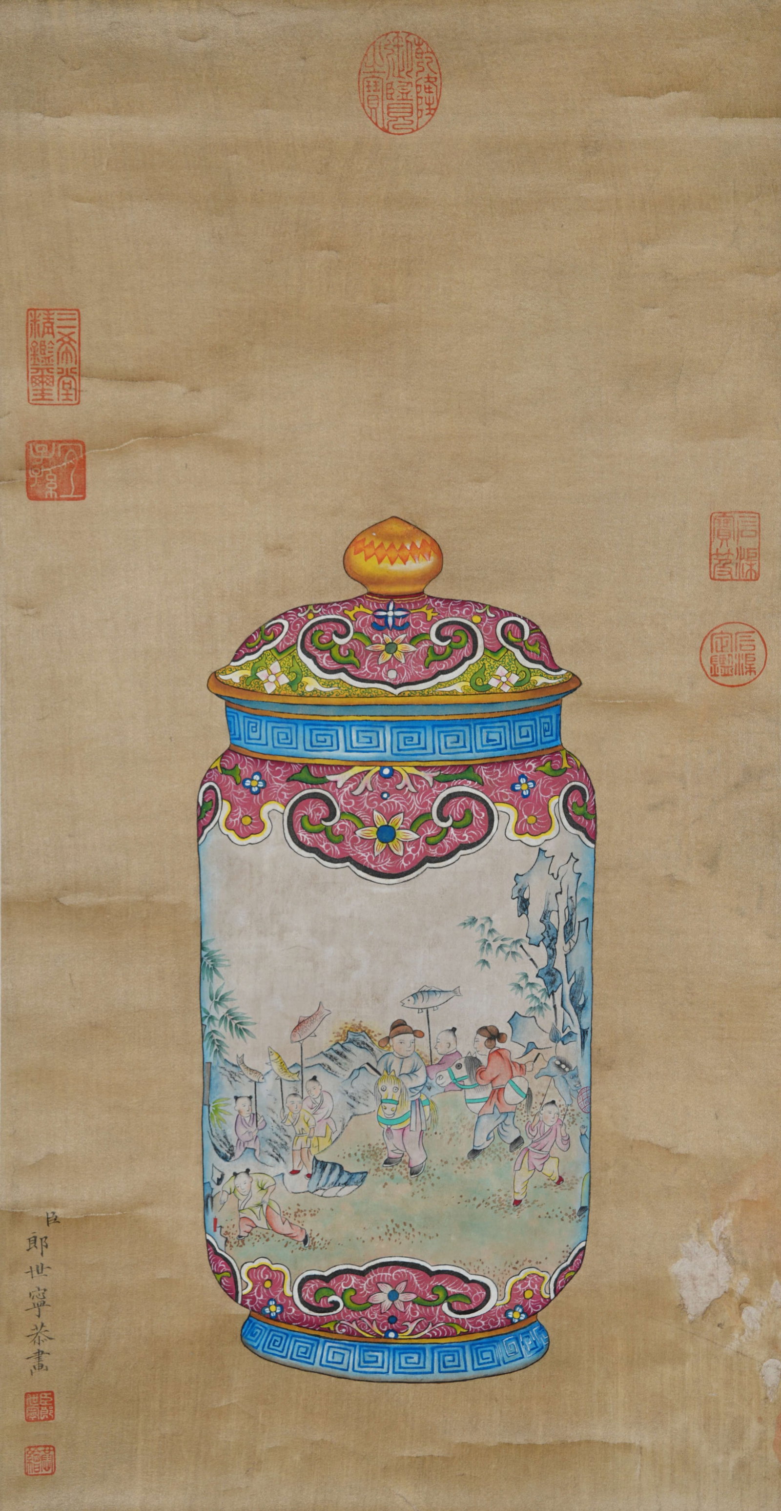 A VASE PAINTING ON SILK BY GIUSEPPE CASTIGLIONE.郎世寧 (1 of 10)