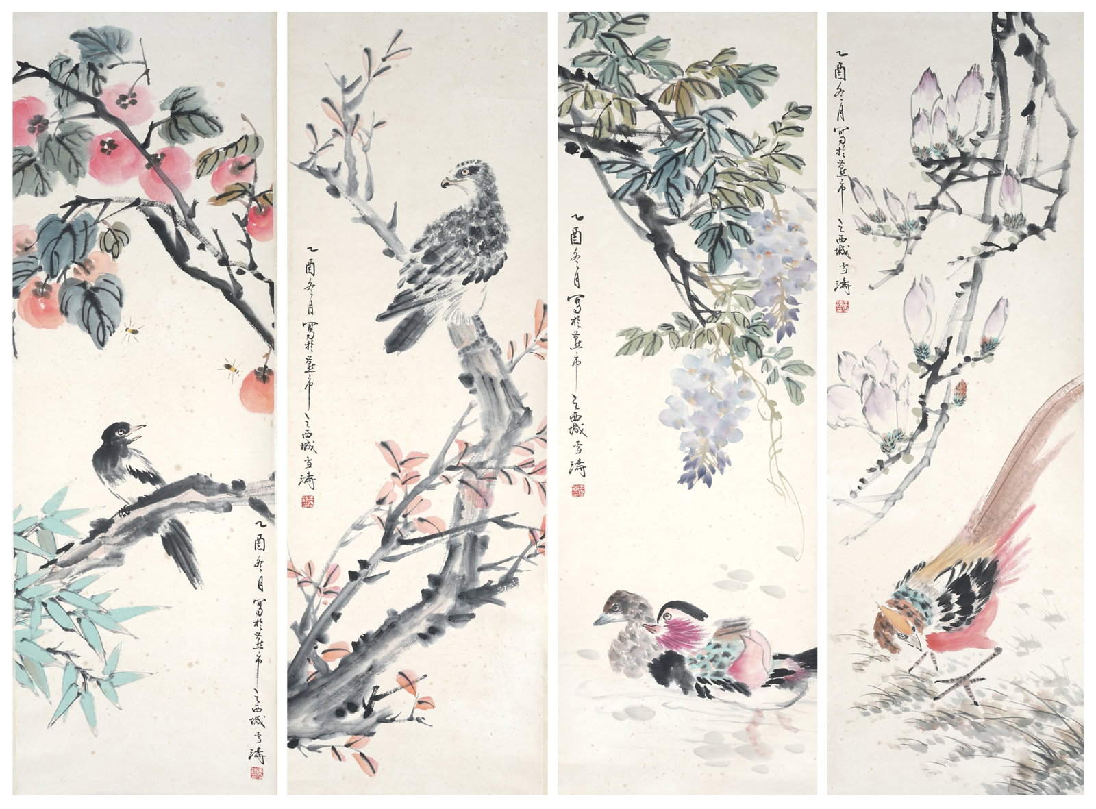 A FLOWER AND BIRD PAINTINGS ON PAPER BY WANG XUETAO (4 PIECES).王雪濤: Flower and Bird Paintings on Paper by Wang Xuetao (4 pieces).王雪濤