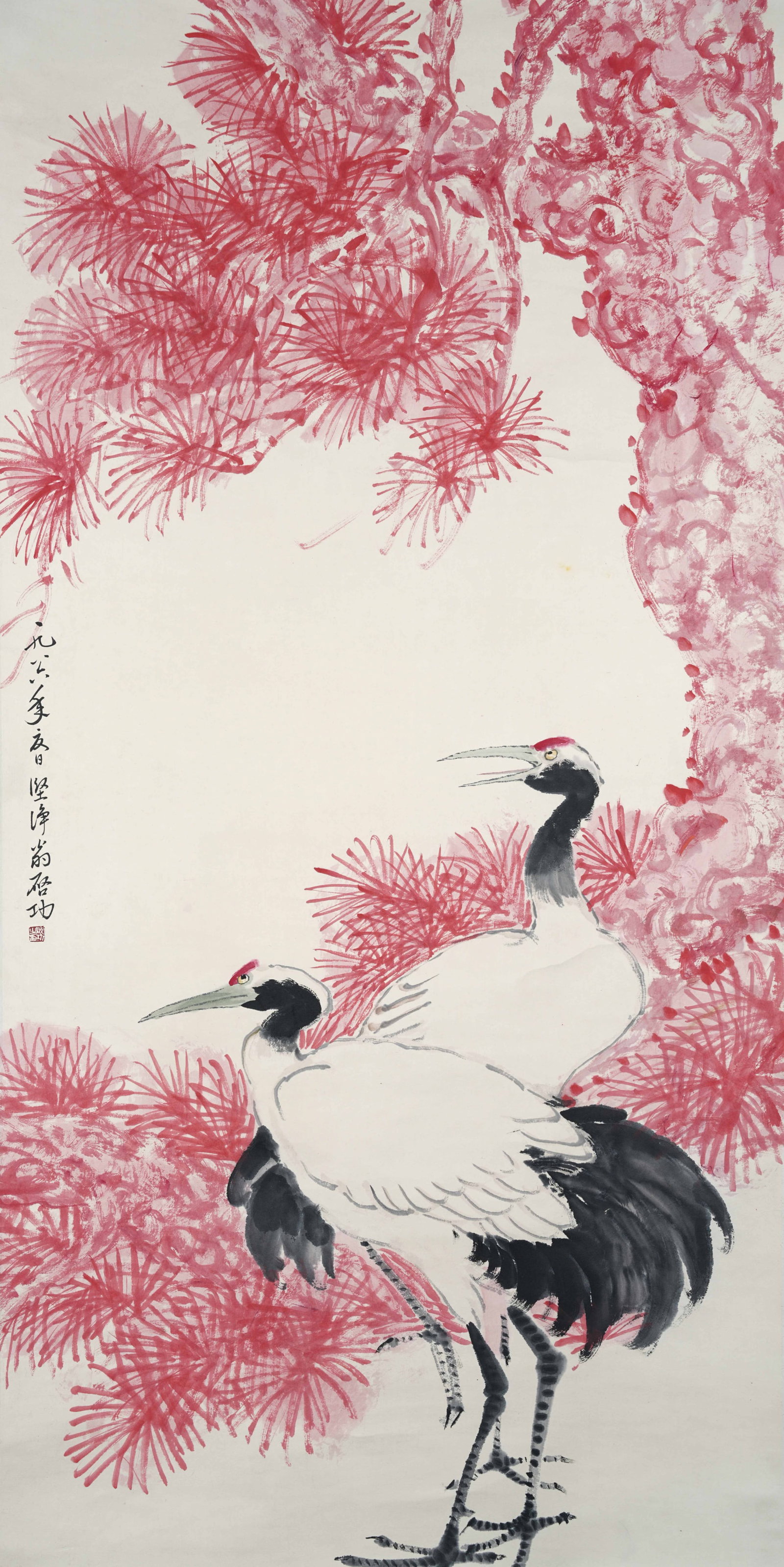 A PINE AND CRANE PAINTING ON PAPER BY QI GONG.啟功: Pine and crane painting on paper by Qi Gong.啟功