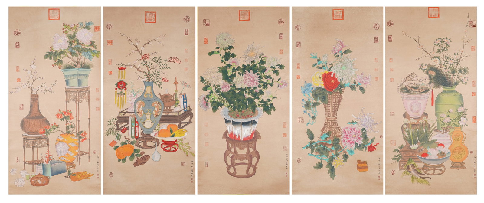 A STILL LIFE OFFERINGS PAINTINGS ON PAPER BY GIUSEPPE CASTIGLIONE (5 PIECES).郎世寧: Still Life Offerings Paintings on Paper by Giuseppe Castiglione (5 pieces).郎世寧