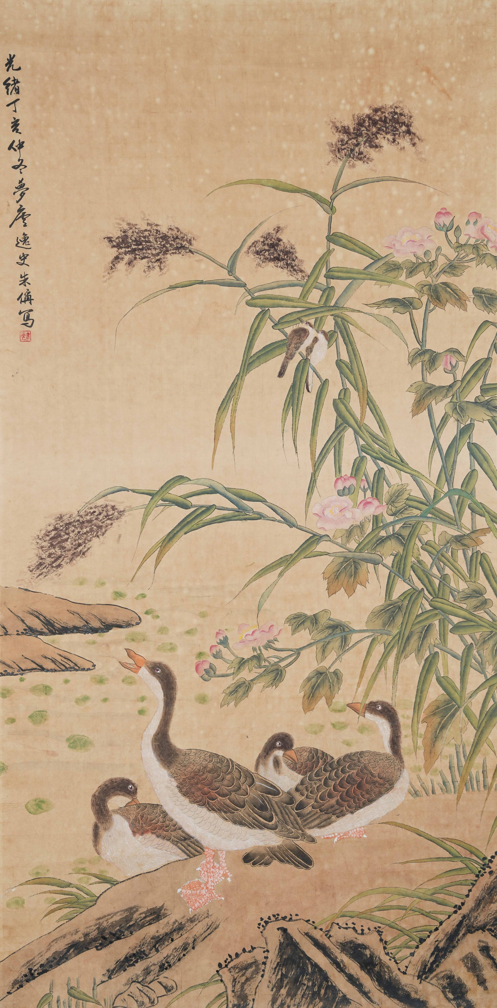 A FLOWER AND BIRD PAINTING ON PAPER BY ZHU CHENG.朱偁: Flower and Bird painting on paper by Zhu Cheng.朱偁