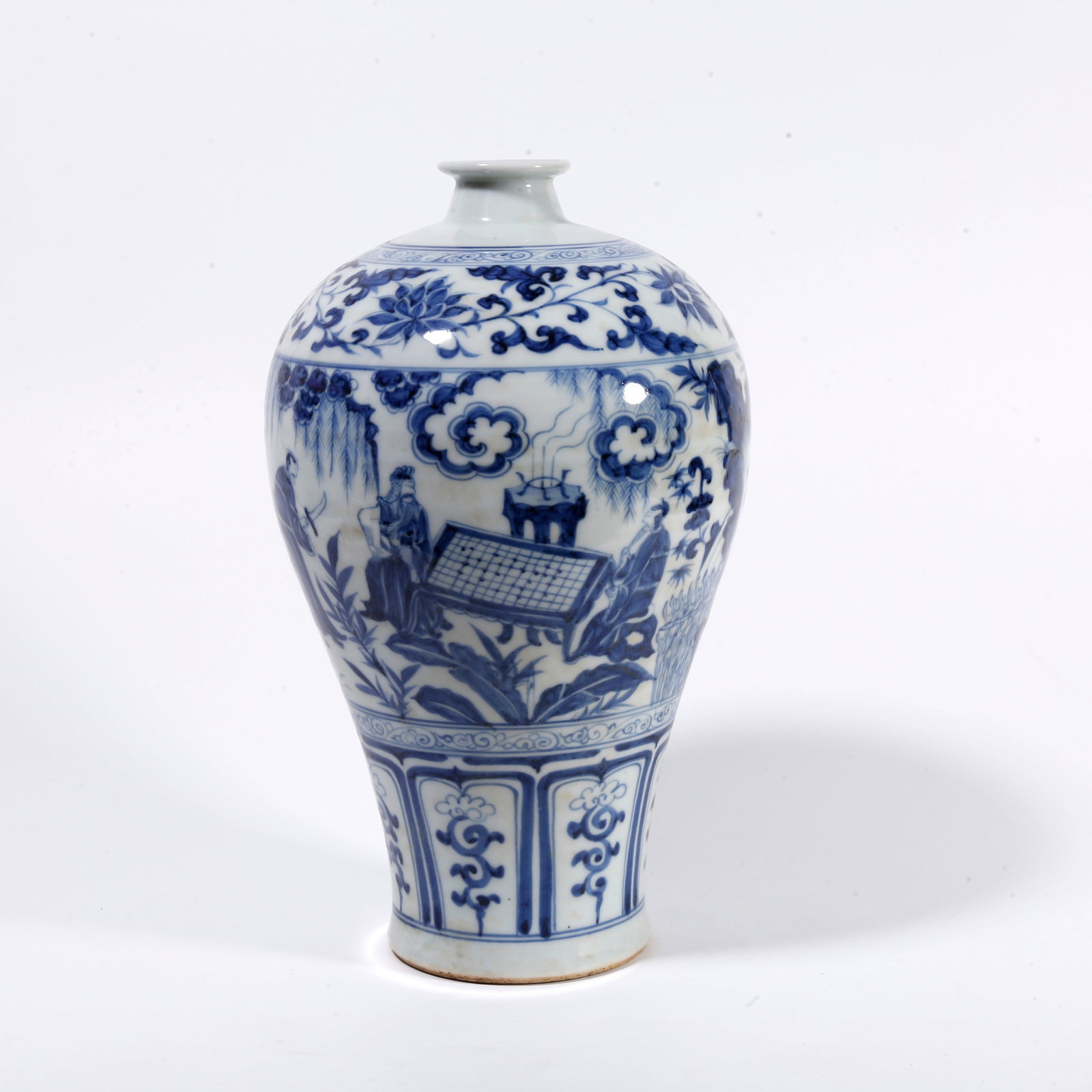 A BLUE AND WHITE PLUM VASE WITH FIGURE STORY PATTERN: Blue and White Plum Vase with Figure Story Pattern