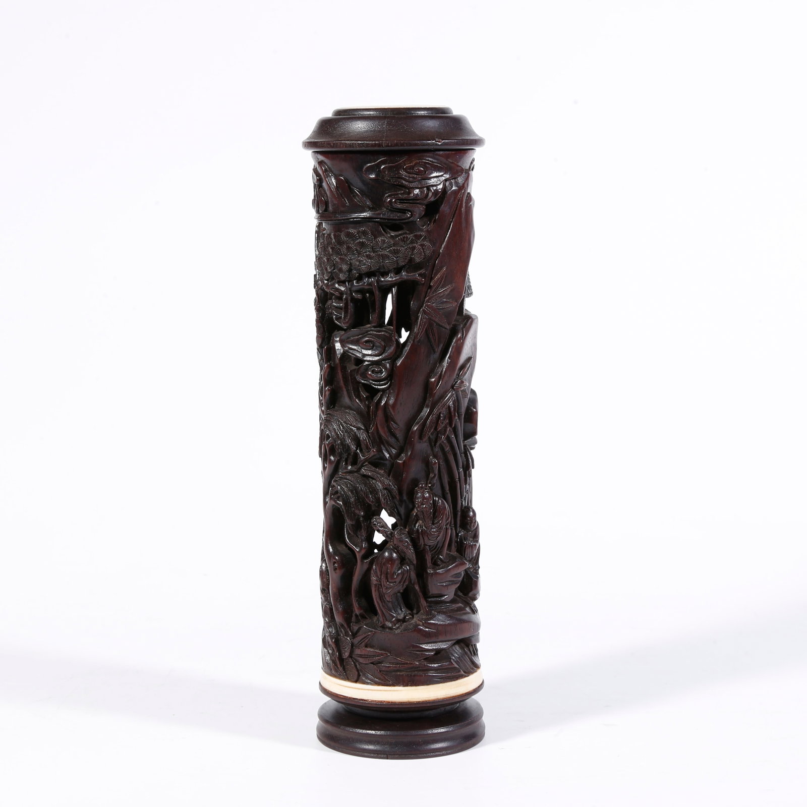 A ZITAN WOOD INCENSE HOLDER CARVED WITH ROCK AND BAMBOO MOTIF: Zitan Wood Incense Holder Carved with Rock and Bamboo Motif