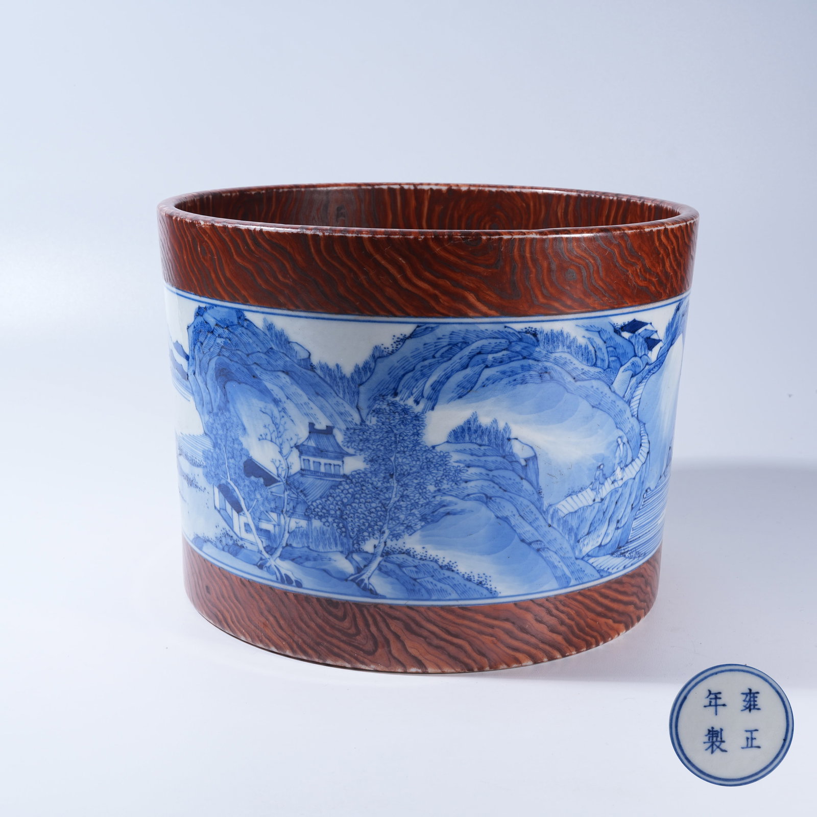 A LARGE BLUE-AND-WHITE BRUSH POT WITH LANDSCAPE DESIGN (1 of 9)
