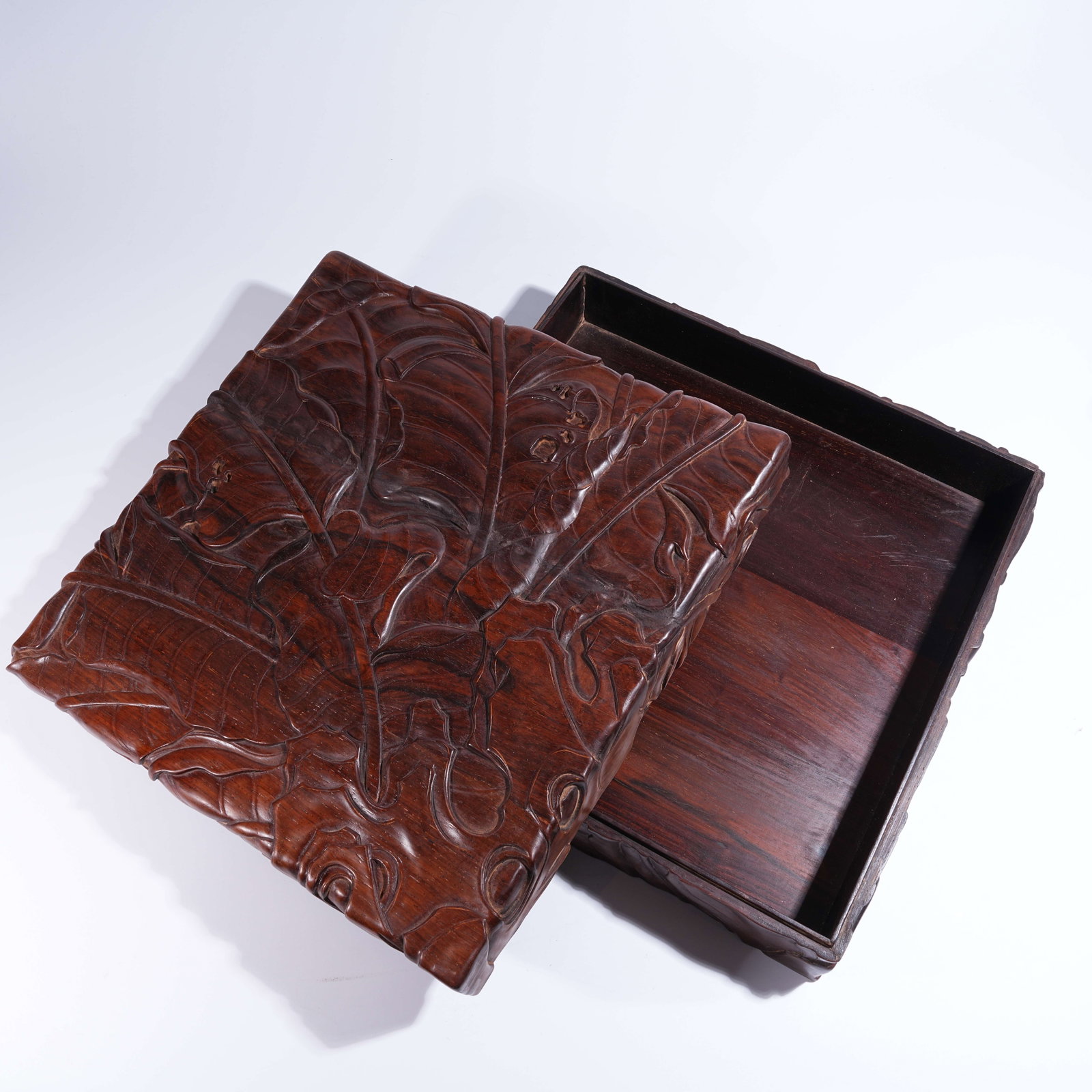 A ZITAN SQUARE COVERED BOX WITH FLORAL MOTIFS: Zitan Square Covered Box with Floral Motifs