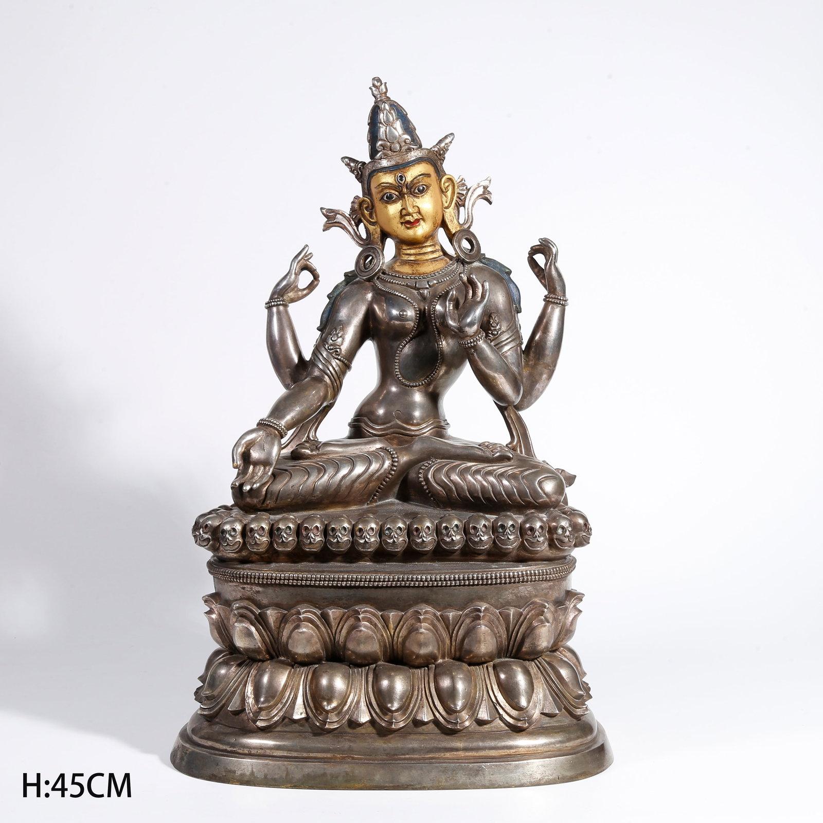 A SILVER-GILT BRONZE STATUE OF FOUR-ARMED AVALOKITESHVARA: Silver-gilt Bronze Statue of Four-armed Avalokiteshvara
