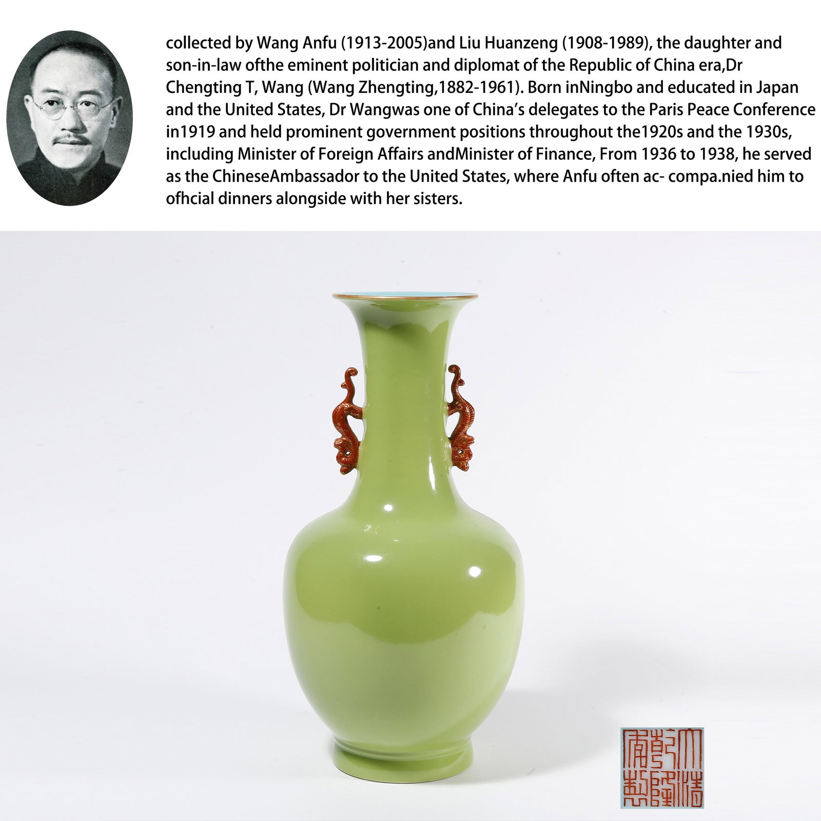 A GREEN GLAZED DOUBLE DRAGON-EARED VASE: Green Glazed Double Dragon-eared Vase. PROVENANCE:From the family of Wang Anfu (1913-2005) and her husband, Liu Huanzeng (1908-1989), descendants of the renowned Republican-era statesman and diplomat 