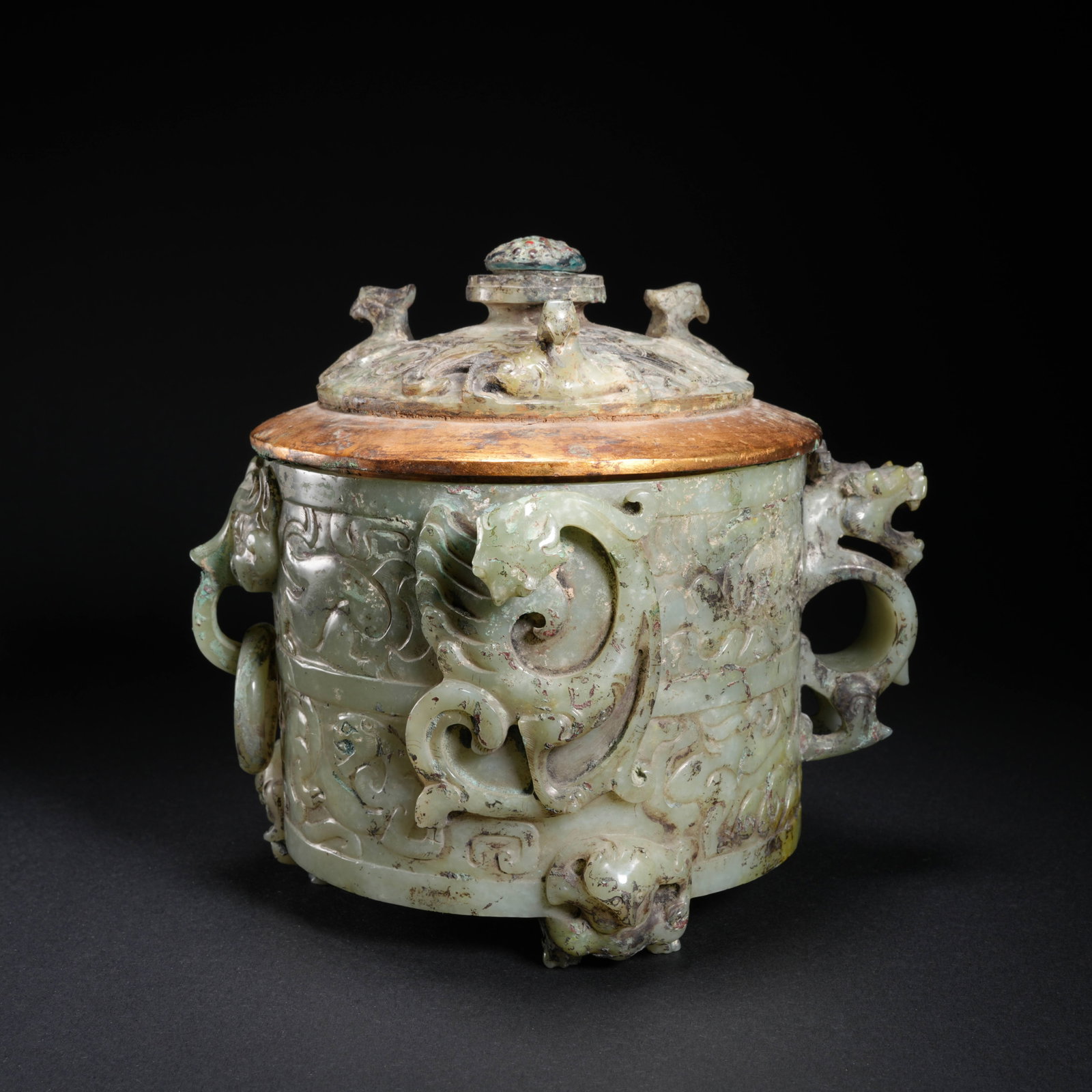 A HETIAN JADE COVERED JAR WITH CHI DRAGON DESIGN: Hetian Jade Covered Jar with Chi Dragon Design
