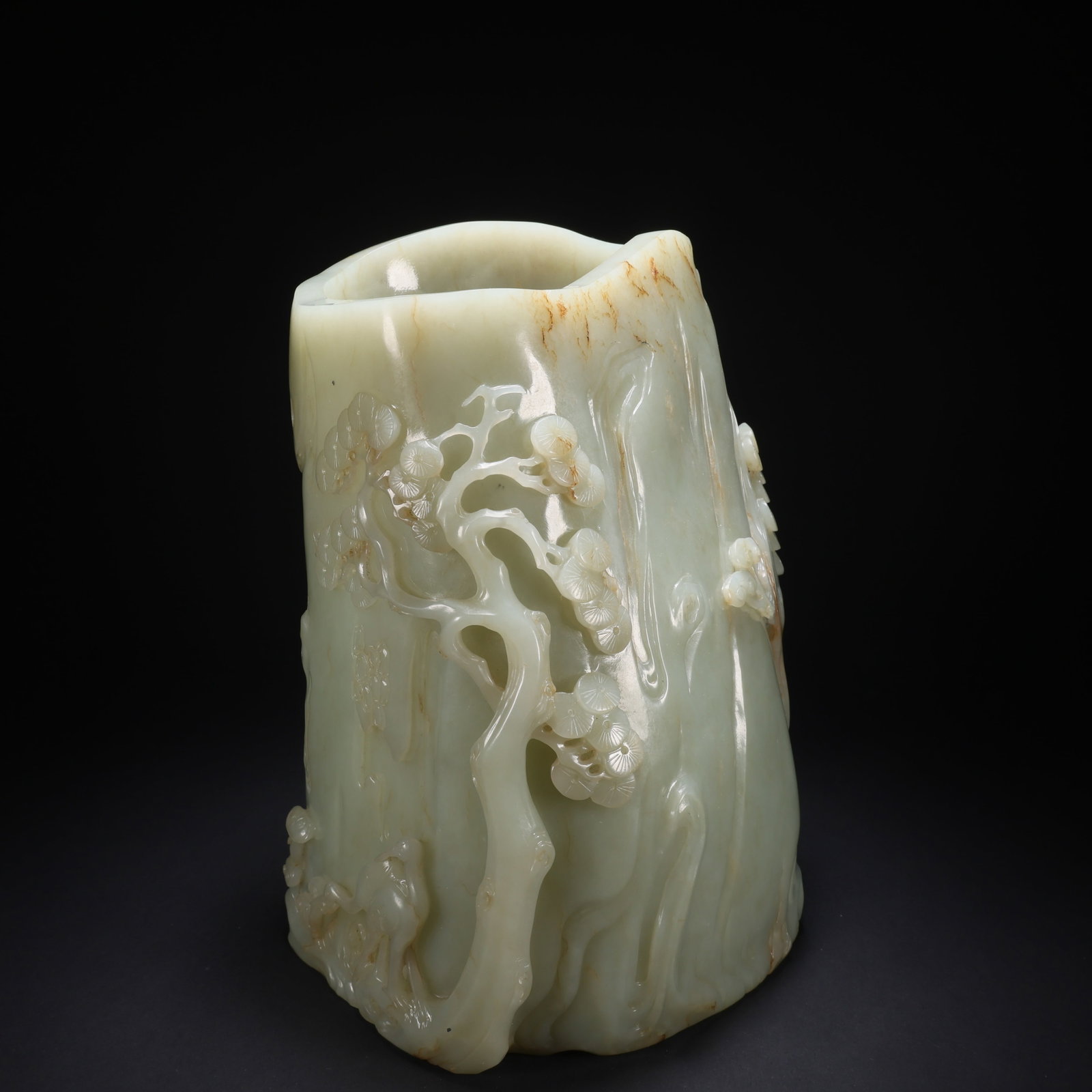 A HETIAN JADE PINE AND CRANE LONGEVITY BRUSH HOLDER: Hetian Jade Pine and Crane Longevity Brush Holder