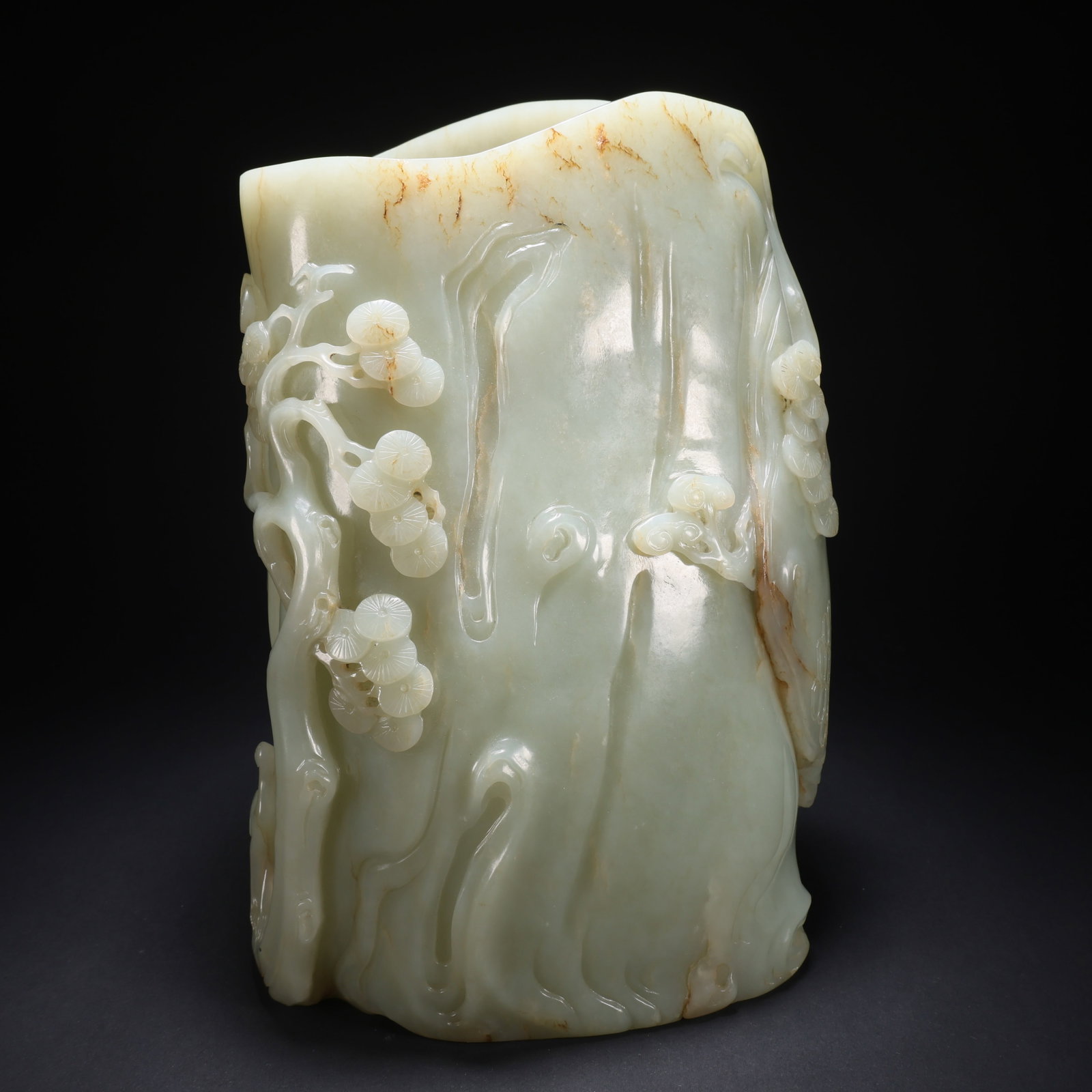 A HETIAN JADE PINE AND CRANE LONGEVITY BRUSH HOLDER - 2