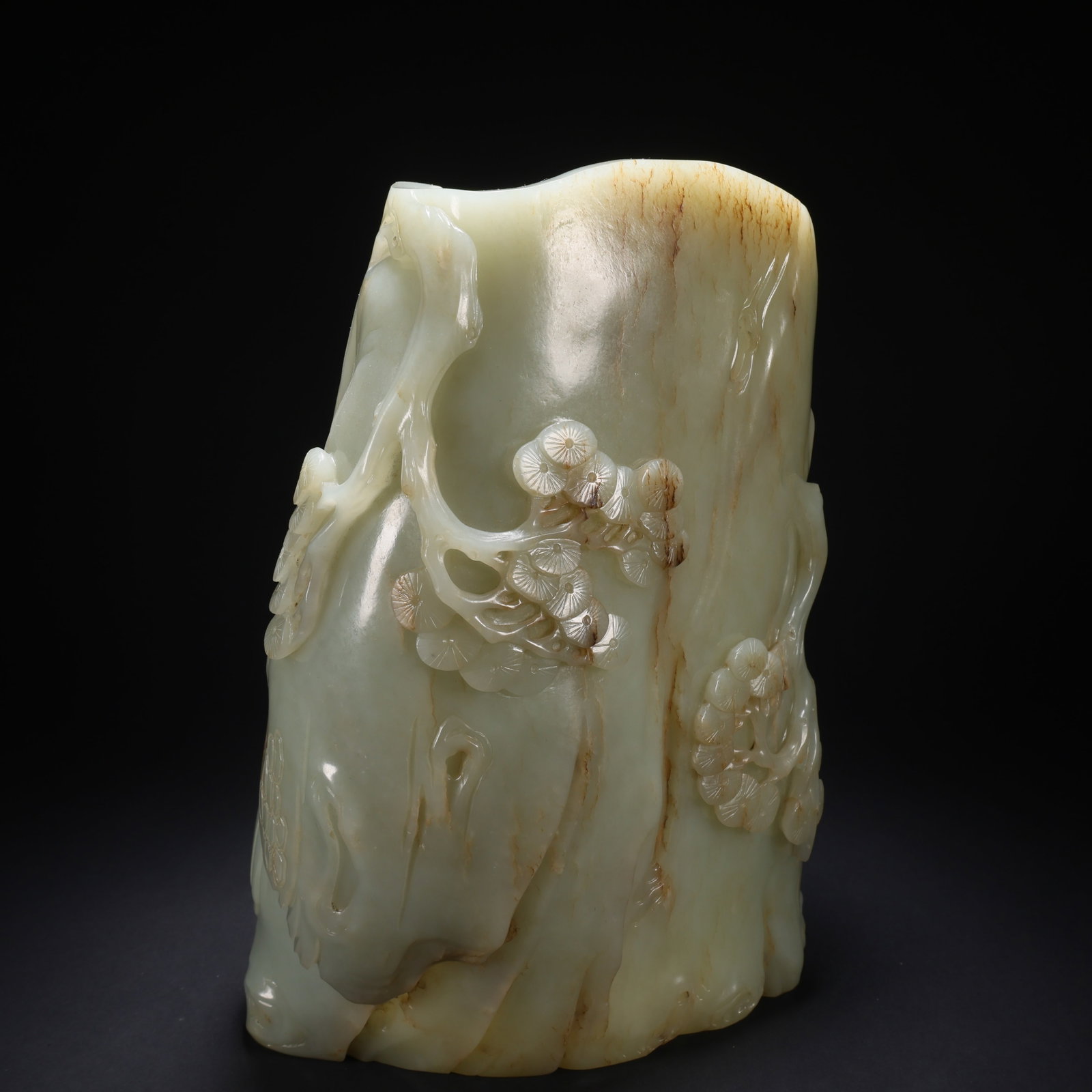 A HETIAN JADE PINE AND CRANE LONGEVITY BRUSH HOLDER - 5