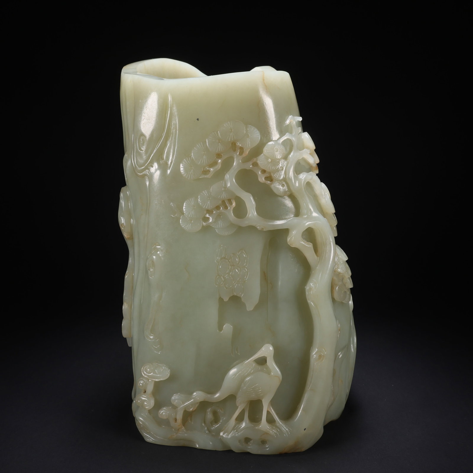 A HETIAN JADE PINE AND CRANE LONGEVITY BRUSH HOLDER - 7