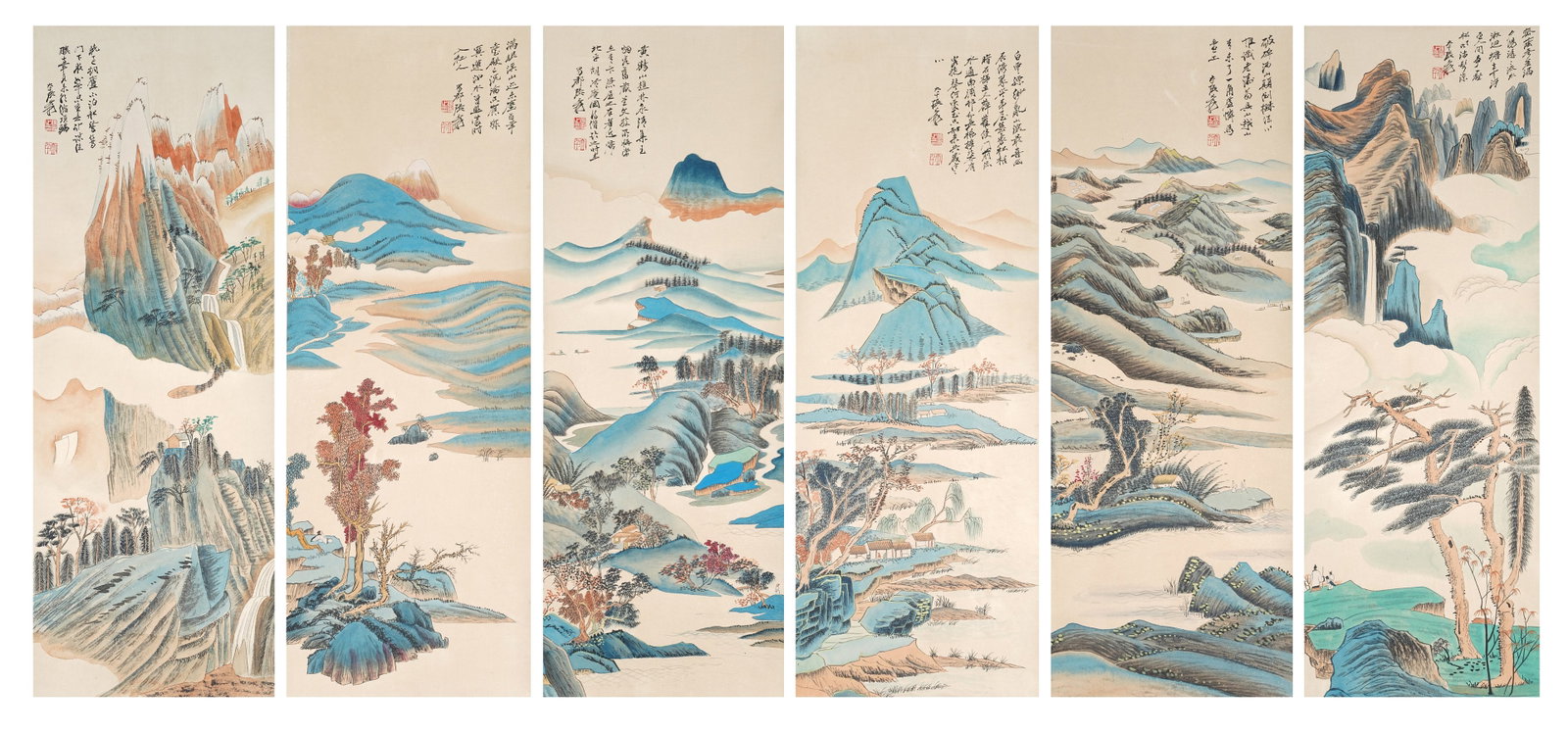A LANDSCAPE PAINTINGS ON PAPER BY ZHANG DAQIAN (6 PIECES).張大千: Landscape Paintings on Paper by Zhang Daqian (6 pieces).張大千