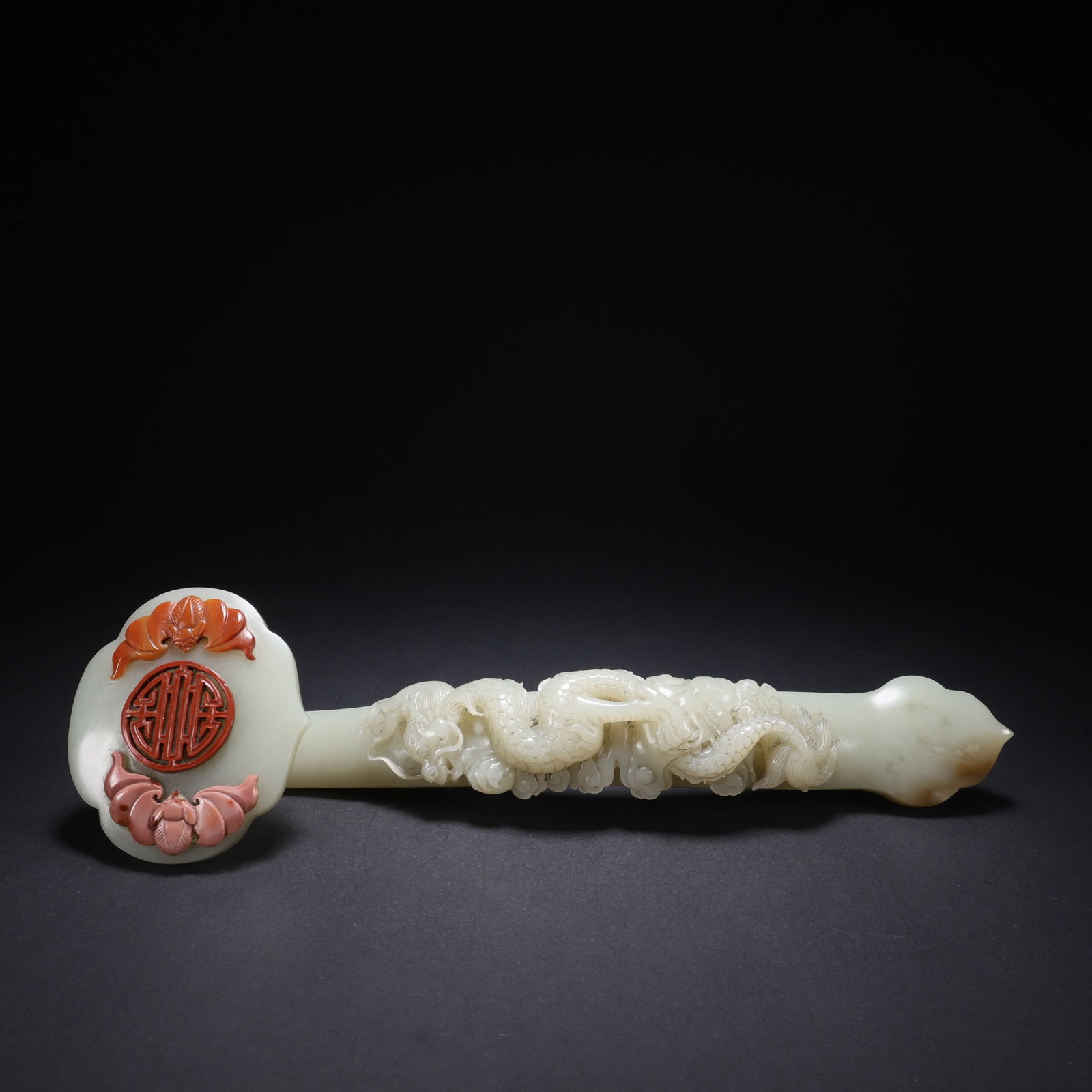 A HETIAN JADE GEM-INLAID FORTUNE-AND-LONGEVITY CLIMBING-DRAGON RUYI (1 of 9)