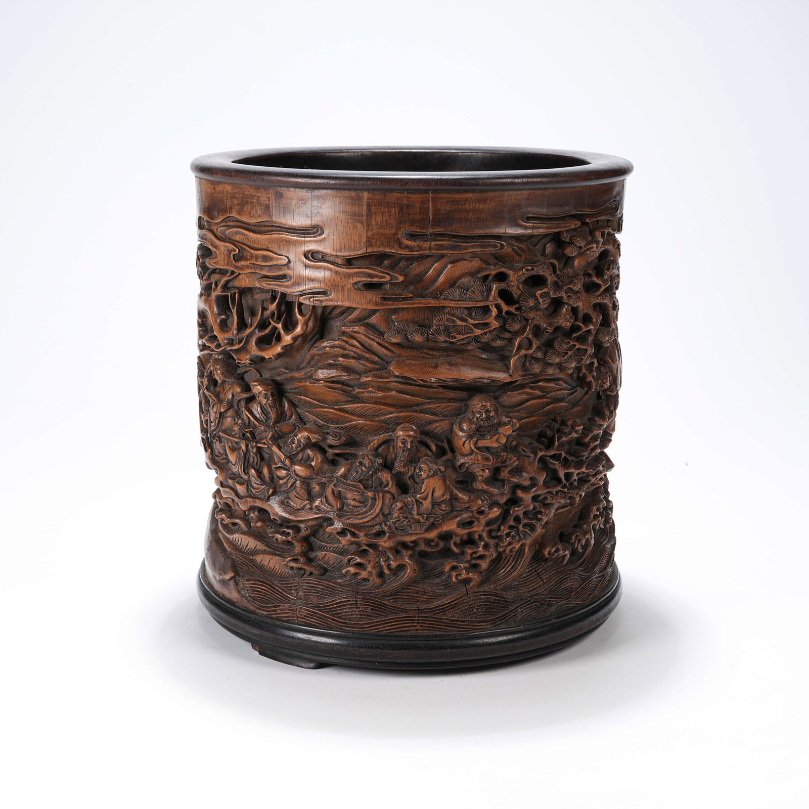 A BAMBOO ROOT CARVED BRUSH POT WITH EIGHT IMMORTALS CROSSING THE SEA PATTERN: Bamboo Root Carved Brush Pot with Eight Immortals Crossing the Sea Pattern