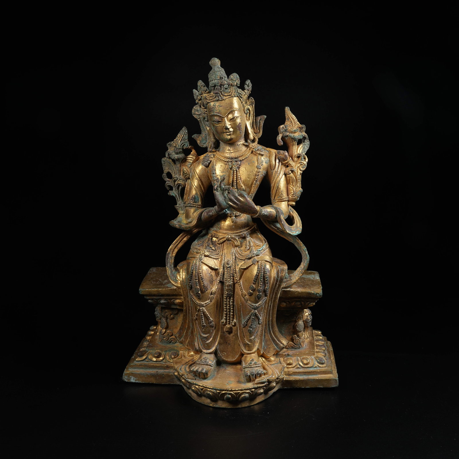 A GILT BRONZE SEATED STATUE OF MAITREYA BODHISATTVA: Gilt Bronze Seated Statue of Maitreya Bodhisattva