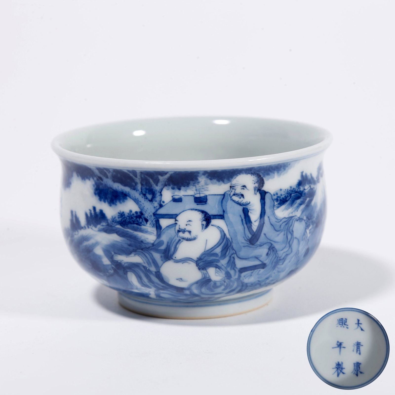 A BLUE AND WHITE CUP WITH FIGURE STORY PATTERN: Blue and White Cup with Figure Story Pattern