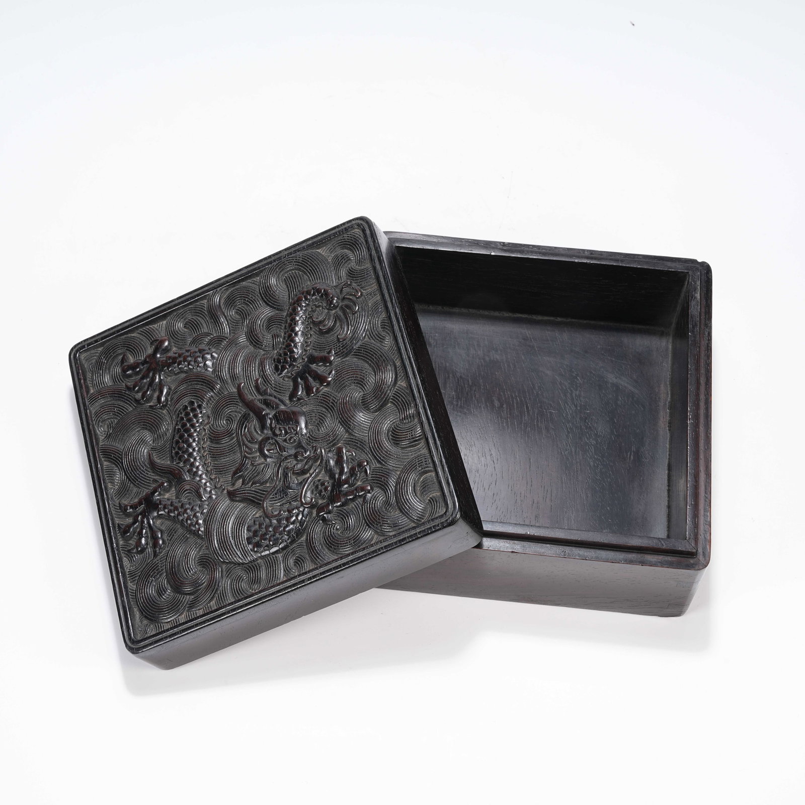 A SQUARE COVERED BOX OF ZITAN WOOD WITH CLOUD AND DRAGON PATTERN (1 of 8)