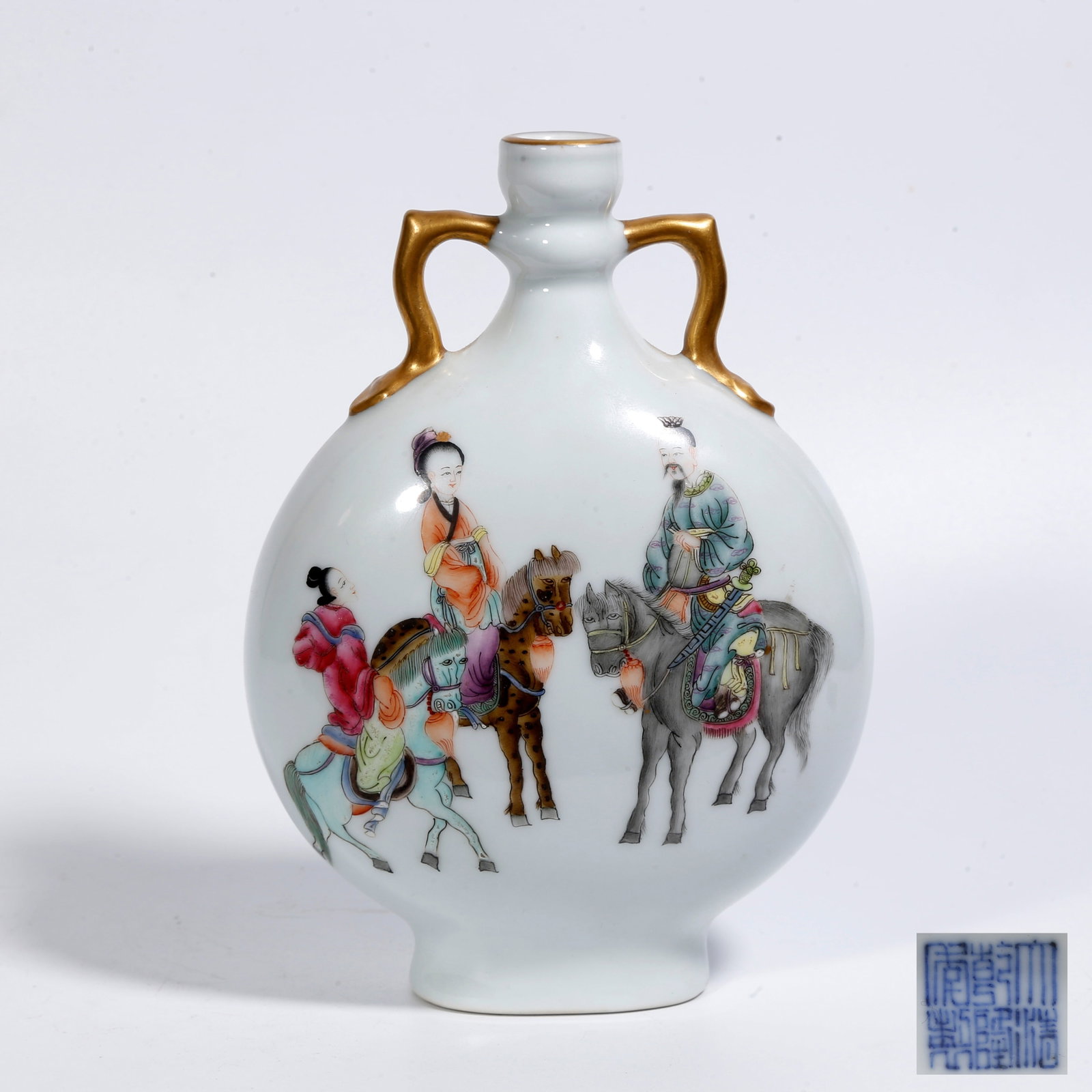 A FAMILLE-ROSE MOON FLASK WITH FIGURE NARRATIVE SCENES: Famille-Rose Moon Flask with Figure Narrative Scenes