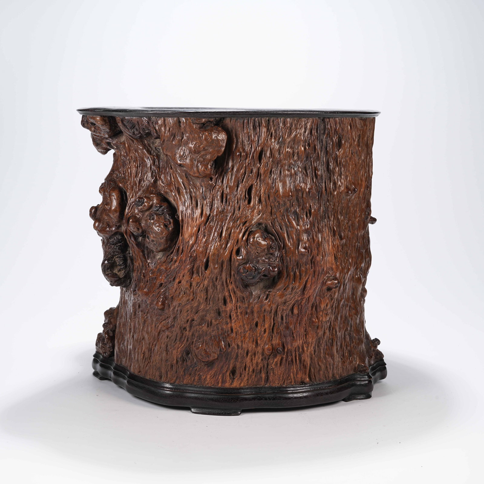 A LARGE BURL BRUSH POT OF HUANGHUALI WOOD: Large Burl Brush Pot of Huanghuali Wood