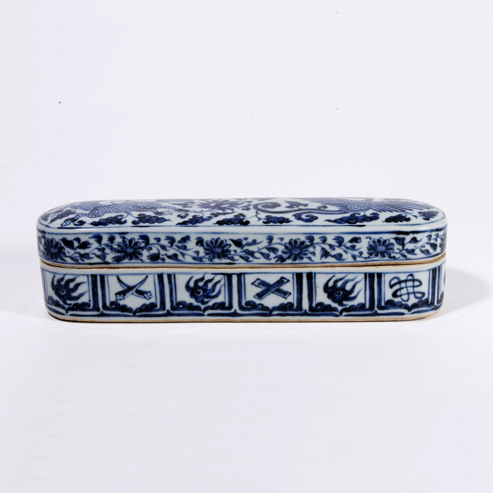 A BLUE AND WHITE LIDDED BOX WITH BEAST PATTERN: Blue and White Lidded Box with Beast Pattern
