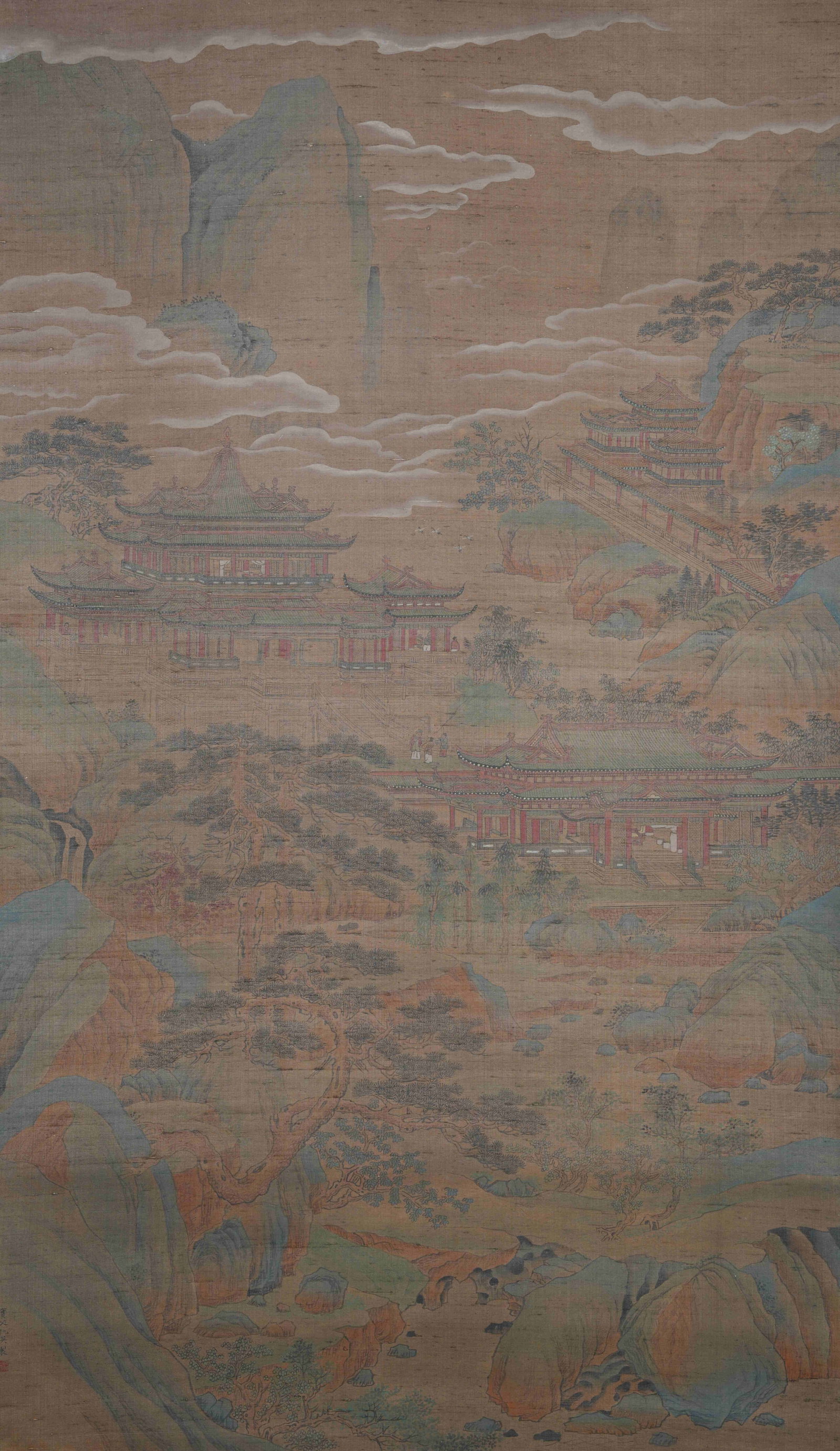 A FAIRY MOUNTAINS AND PAVILIONS PAINTING ON SILK BY QIU YING.仇英: Fairy Mountains and Pavilions Painting on Silk by Qiu Ying.仇英