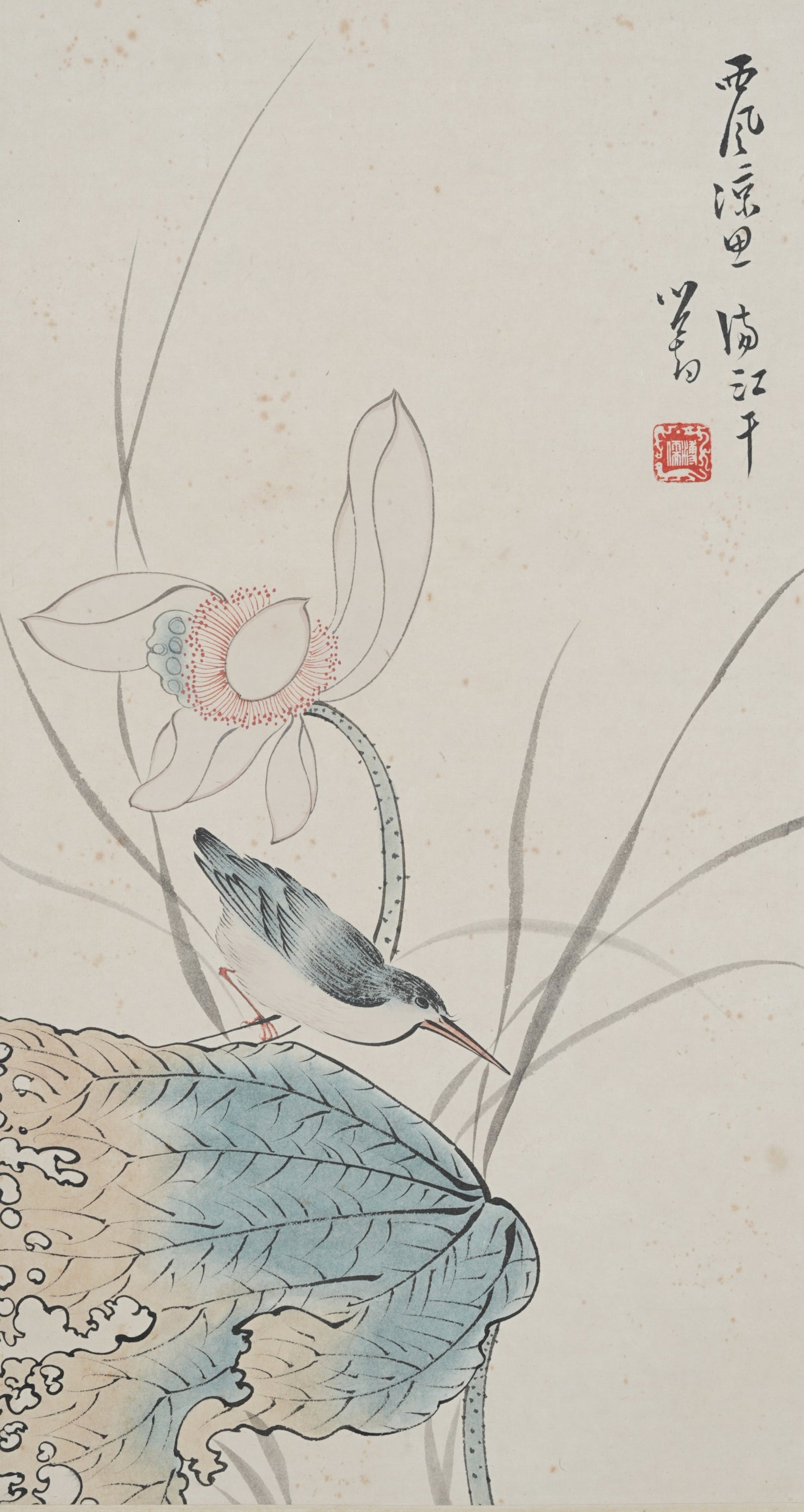 A FLOWER AND BIRD PAINTING MOUNTED AS MIRROR HEART ON PAPER BY PU RU.溥儒: Flower and Bird Painting Mounted as Mirror Heart on Paper by Pu Ru.溥儒