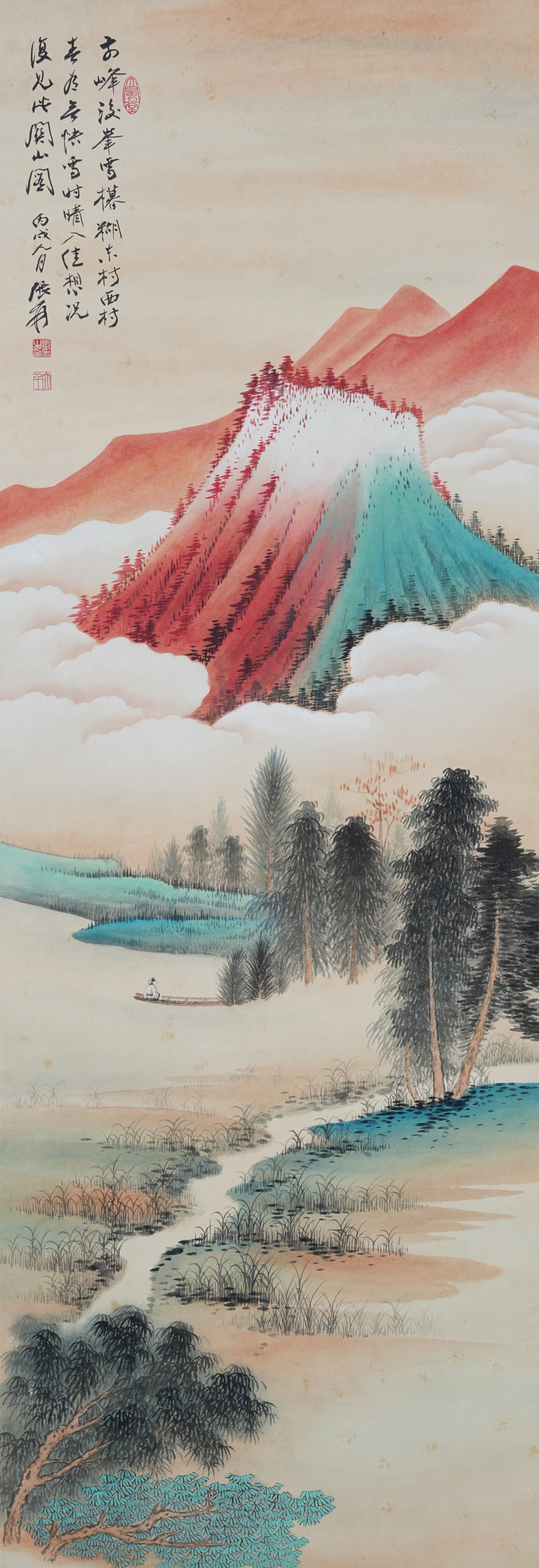 A LANDSCAPE PAINTING ON PAPER BY ZHANG DAQIAN.張大千: Landscape Painting on Paper by Zhang Daqian.張大千