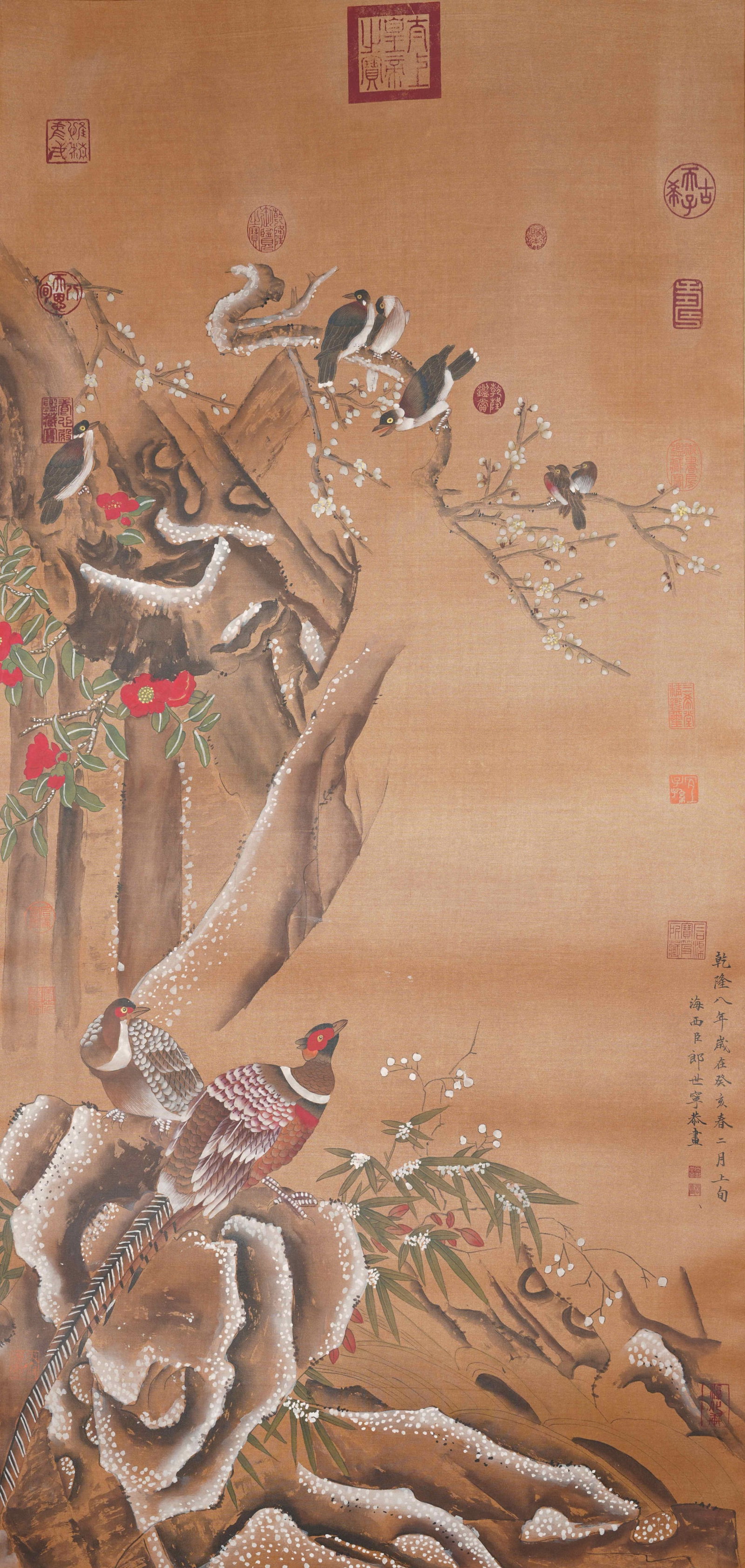 A FLOWER AND BIRD PAINTING ON SILK BY GIUSEPPE CASTIGLIONE.郎世寧: Flower and Bird Painting on Silk by Giuseppe Castiglione.郎世寧