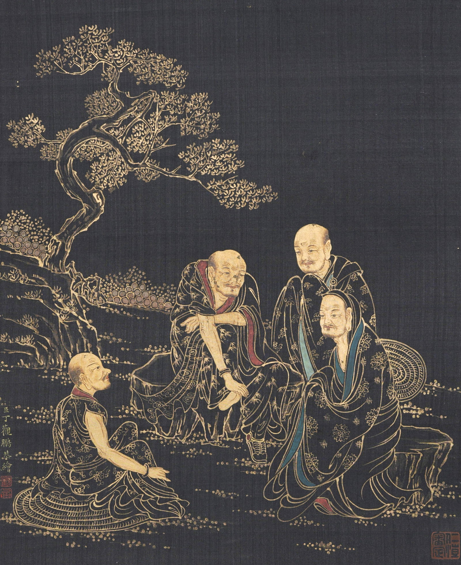 A ARHAT PAINTING MOUNTED AS MIRROR HEART ON SILK BY DING GUANPENG.丁觀鵬: Arhat painting mounted as mirror heart on silk by Ding Guanpeng.丁觀鵬